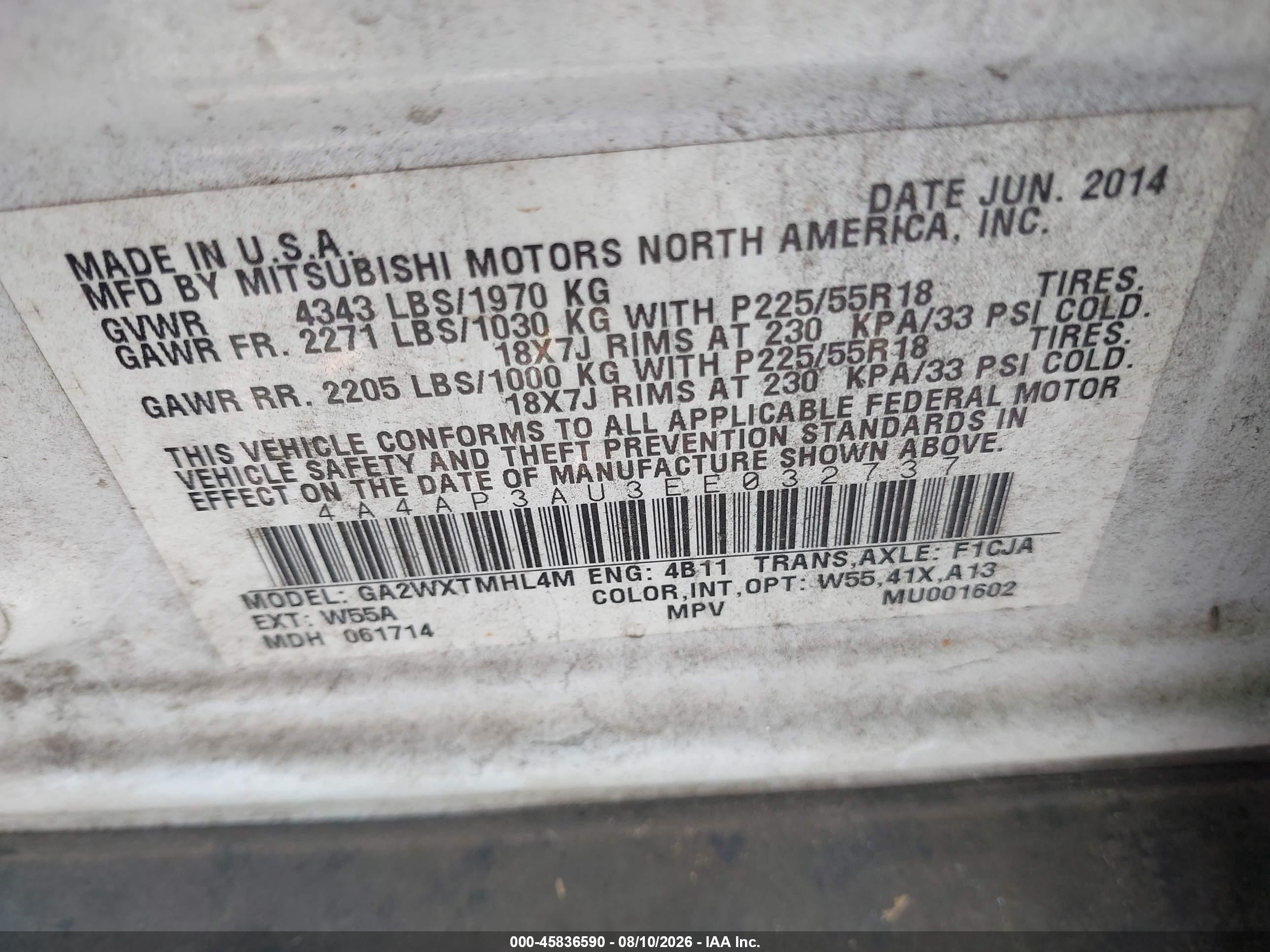 2014 Mitsubishi Outlander Sport Es White vin: 4A4AP3AU3EE032737