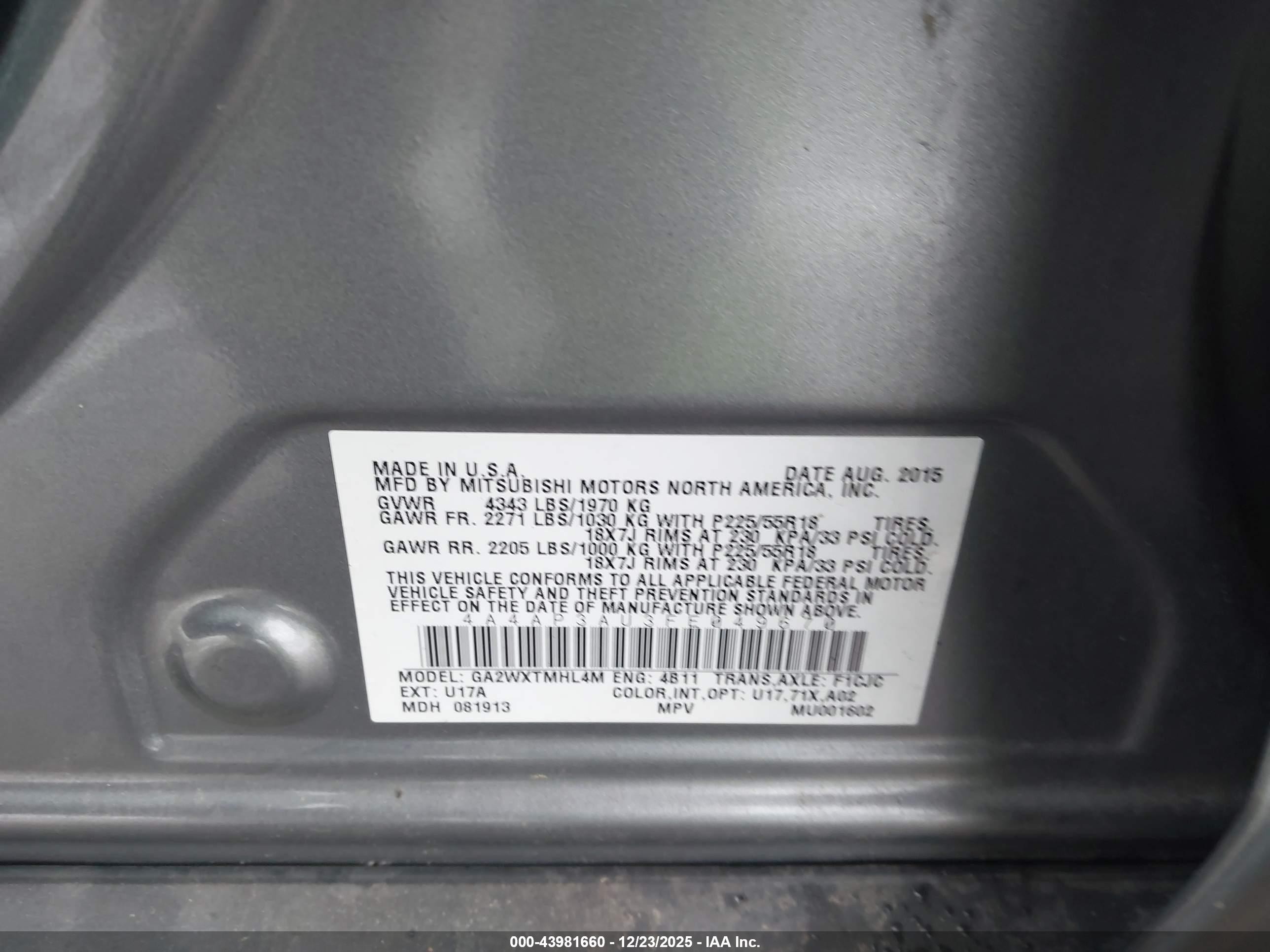 2015 Mitsubishi Outlander Sport Es Gray vin: 4A4AP3AU3FE049670
