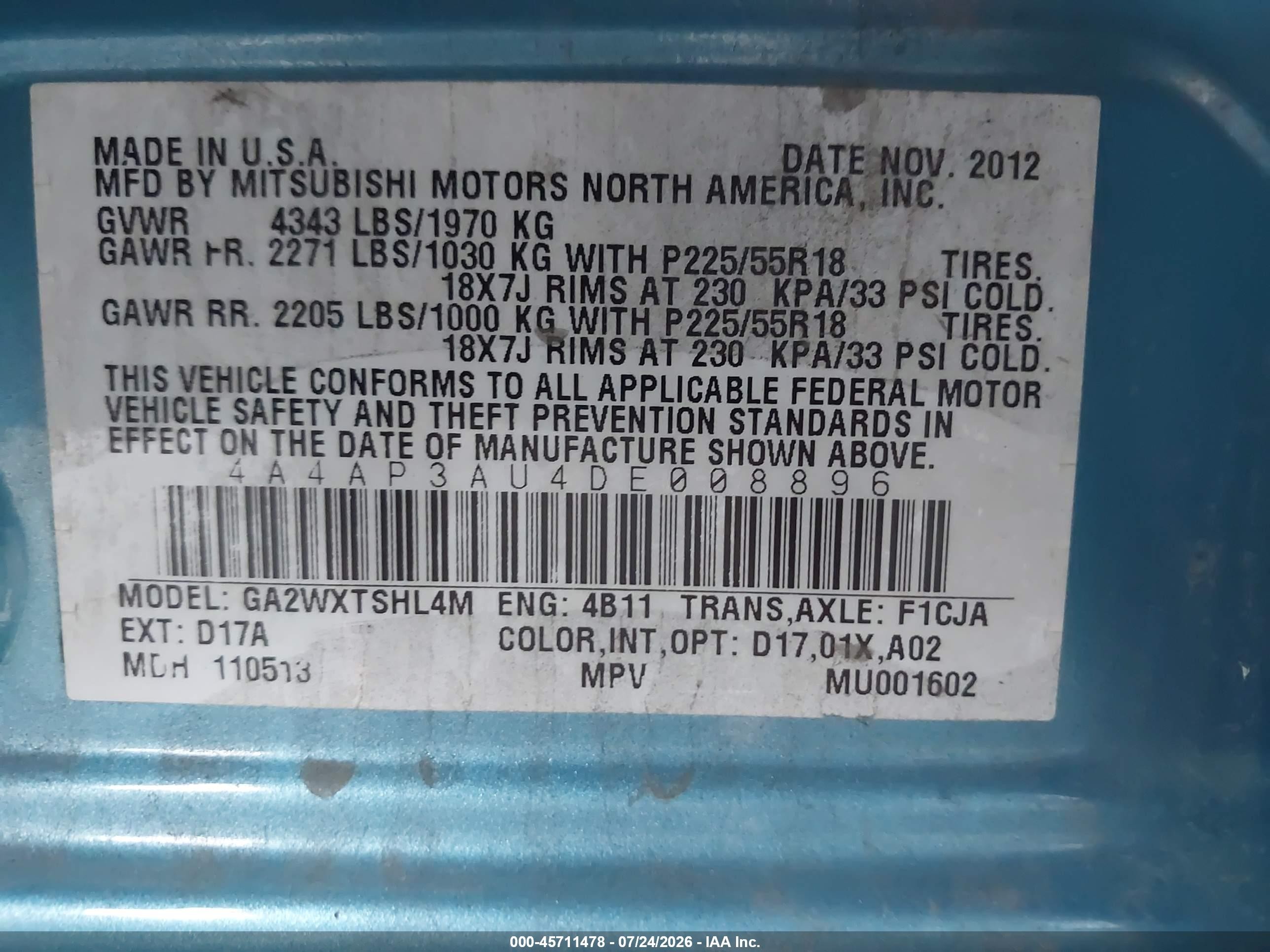 2013 Mitsubishi Outlander Sport Es Blue vin: 4A4AP3AU4DE008896