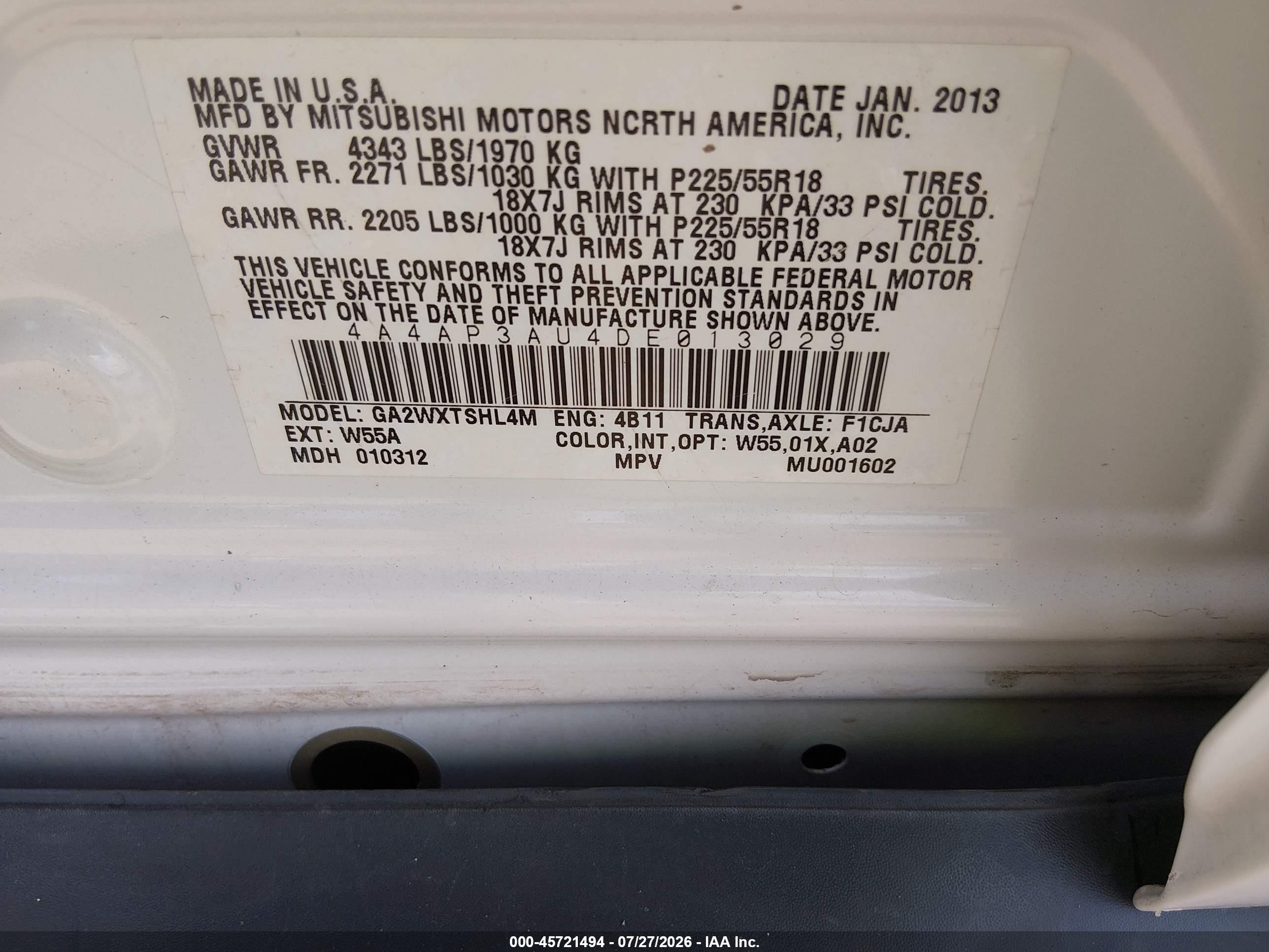 2013 Mitsubishi Outlander Sport Es White vin: 4A4AP3AU4DE013029
