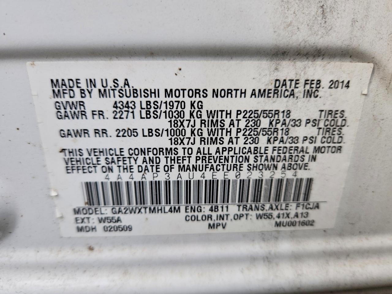 2014 Mitsubishi Outlander Sport Es White vin: 4A4AP3AU4EE023254