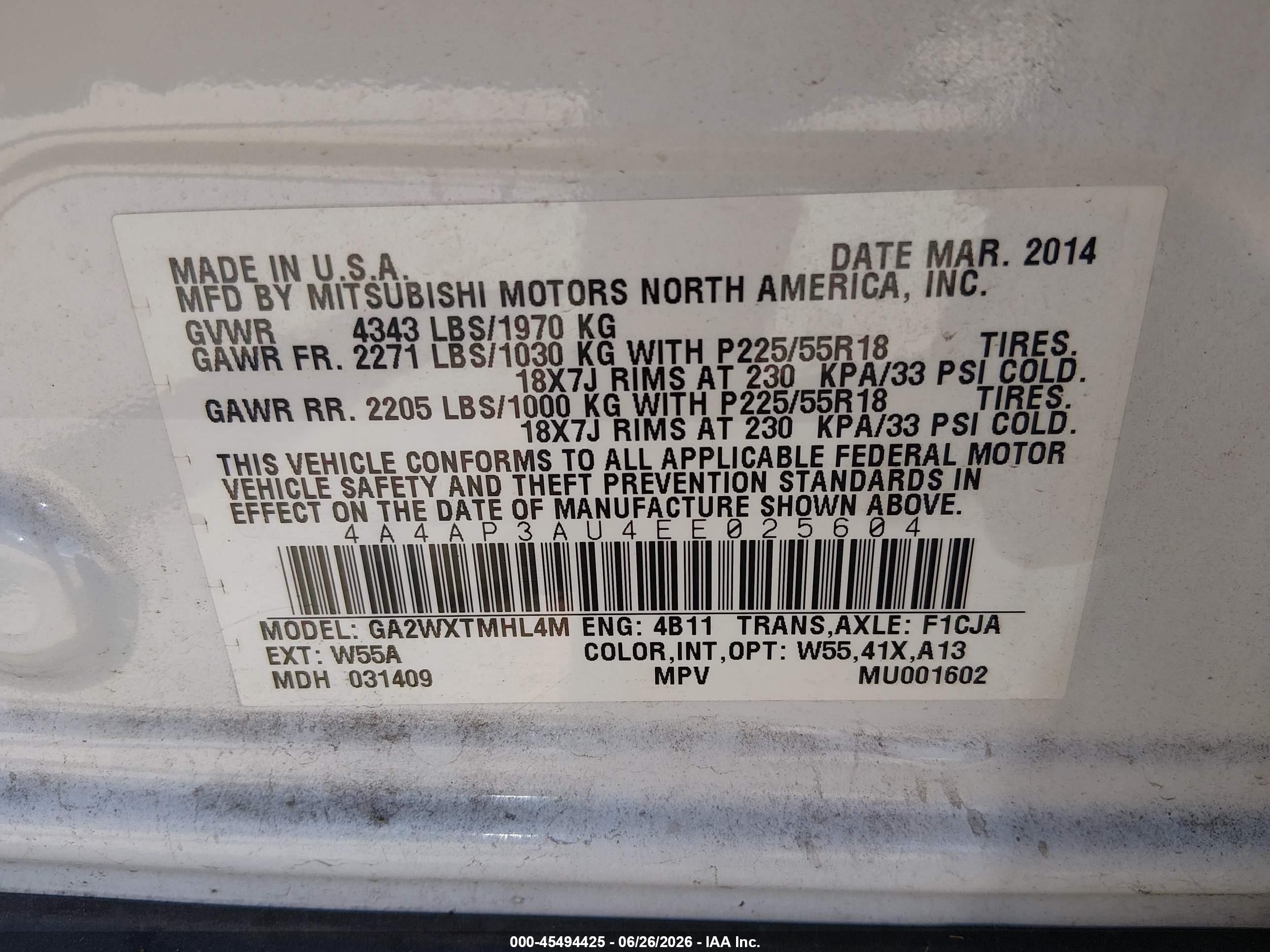 2014 Mitsubishi Outlander Sport Es White vin: 4A4AP3AU4EE025604