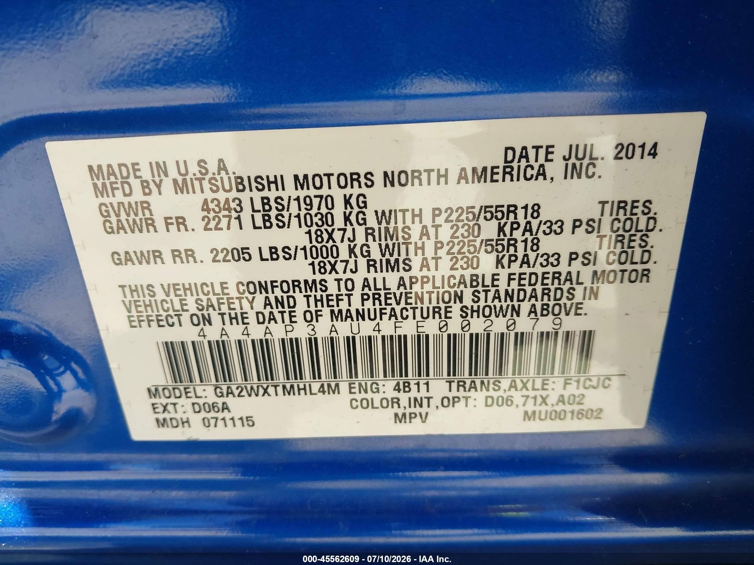 2015 Mitsubishi Outlander Sport Es Blue vin: 4A4AP3AU4FE002079