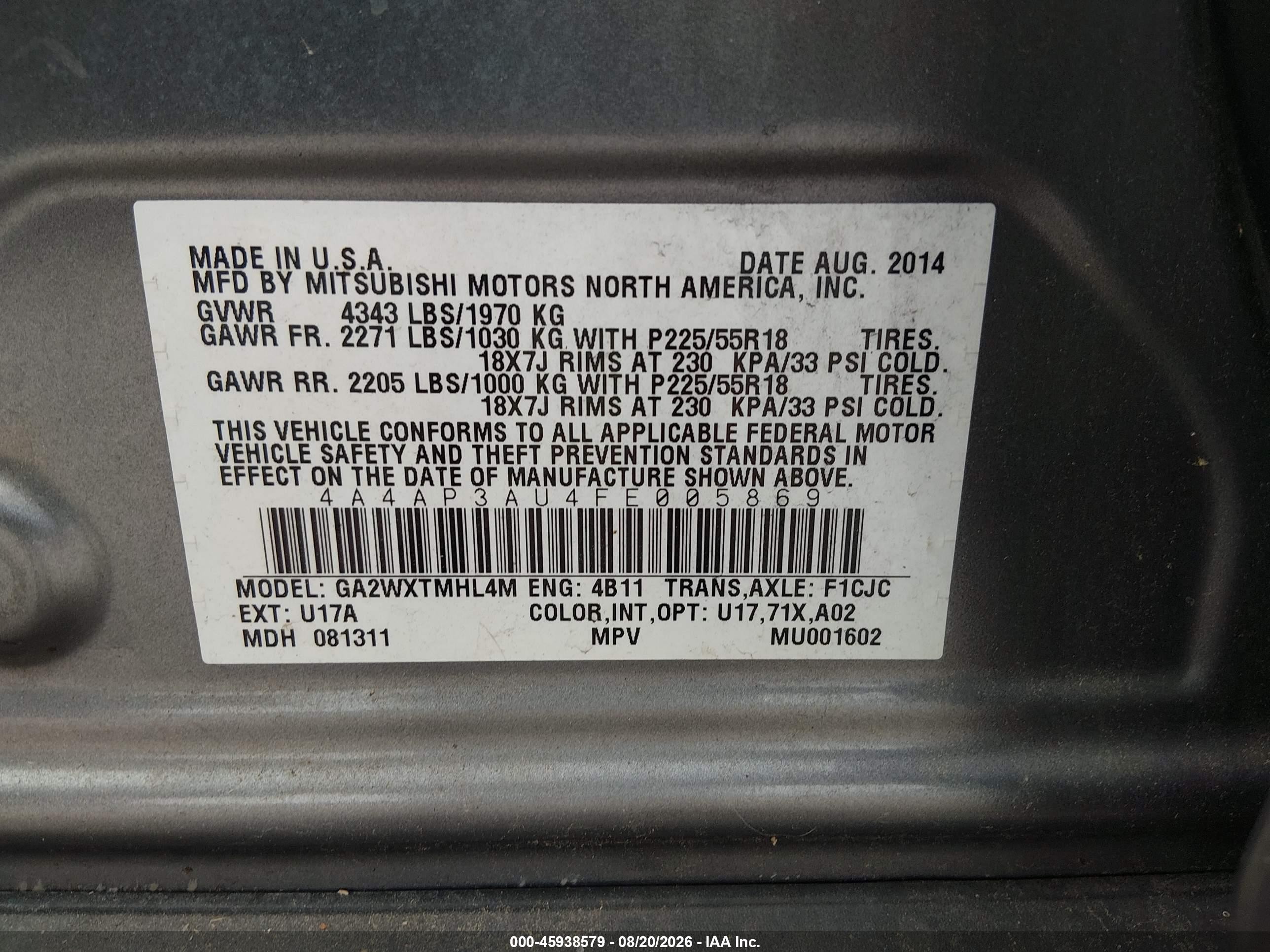 2015 Mitsubishi Outlander Sport Es Gray vin: 4A4AP3AU4FE005869