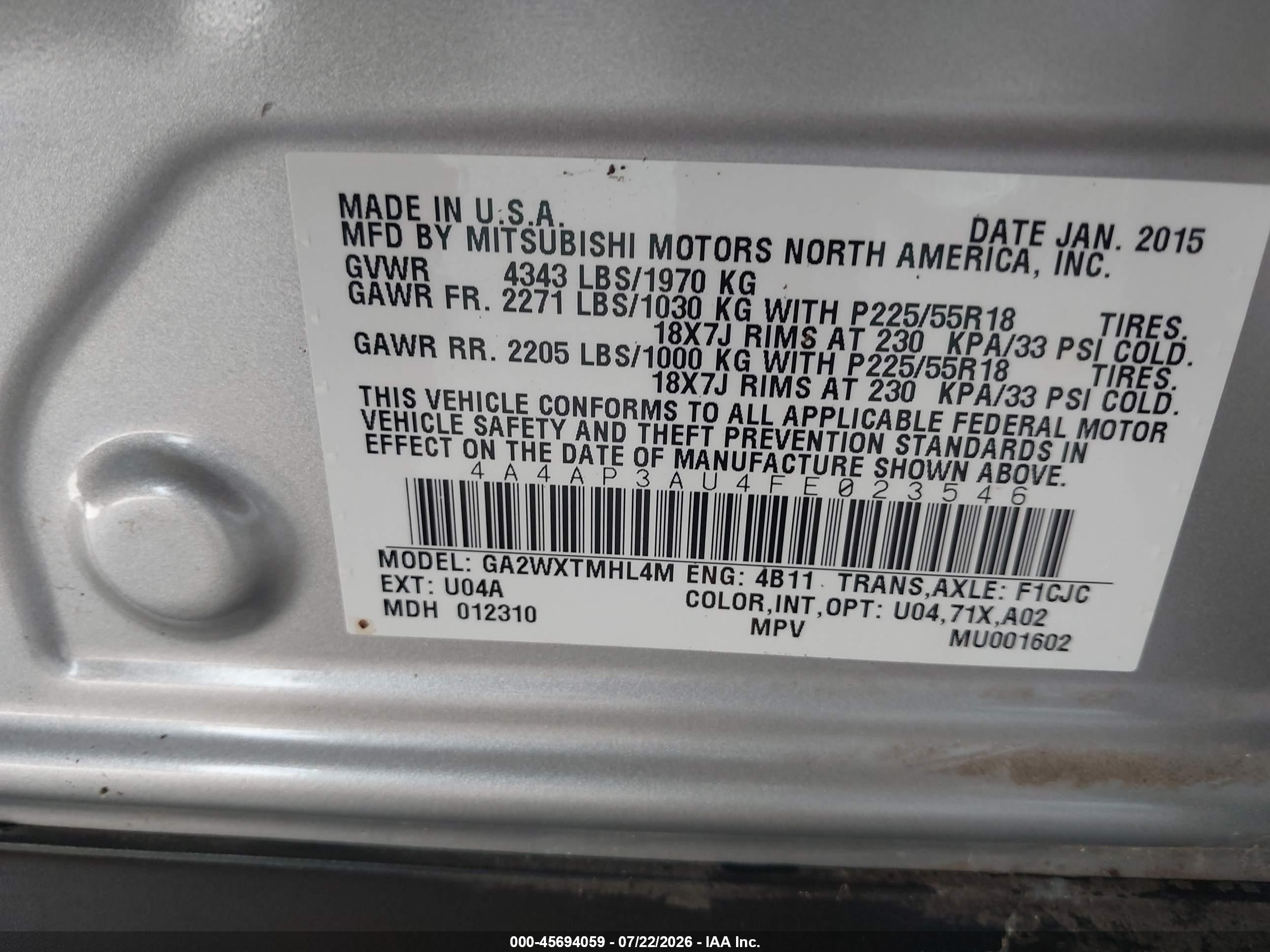 2015 Mitsubishi Outlander Sport Es Серебряный vin: 4A4AP3AU4FE023546
