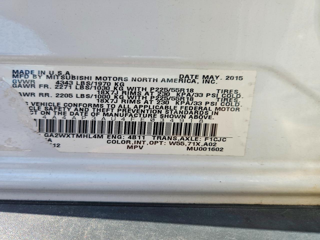 2015 Mitsubishi Outlander Sport Es White vin: 4A4AP3AU4FE034918