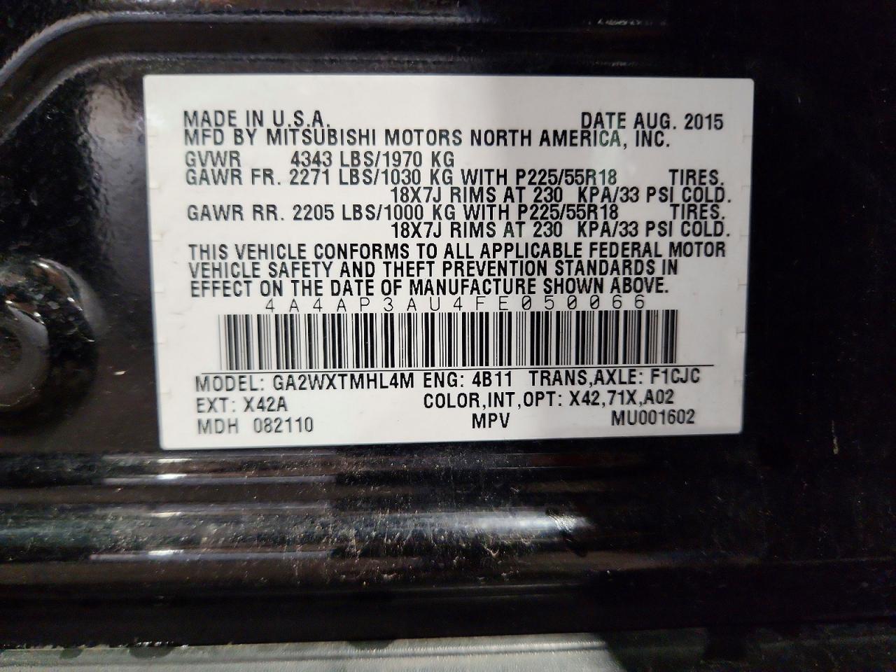 2015 Mitsubishi Outlander Sport Es Black vin: 4A4AP3AU4FE050066