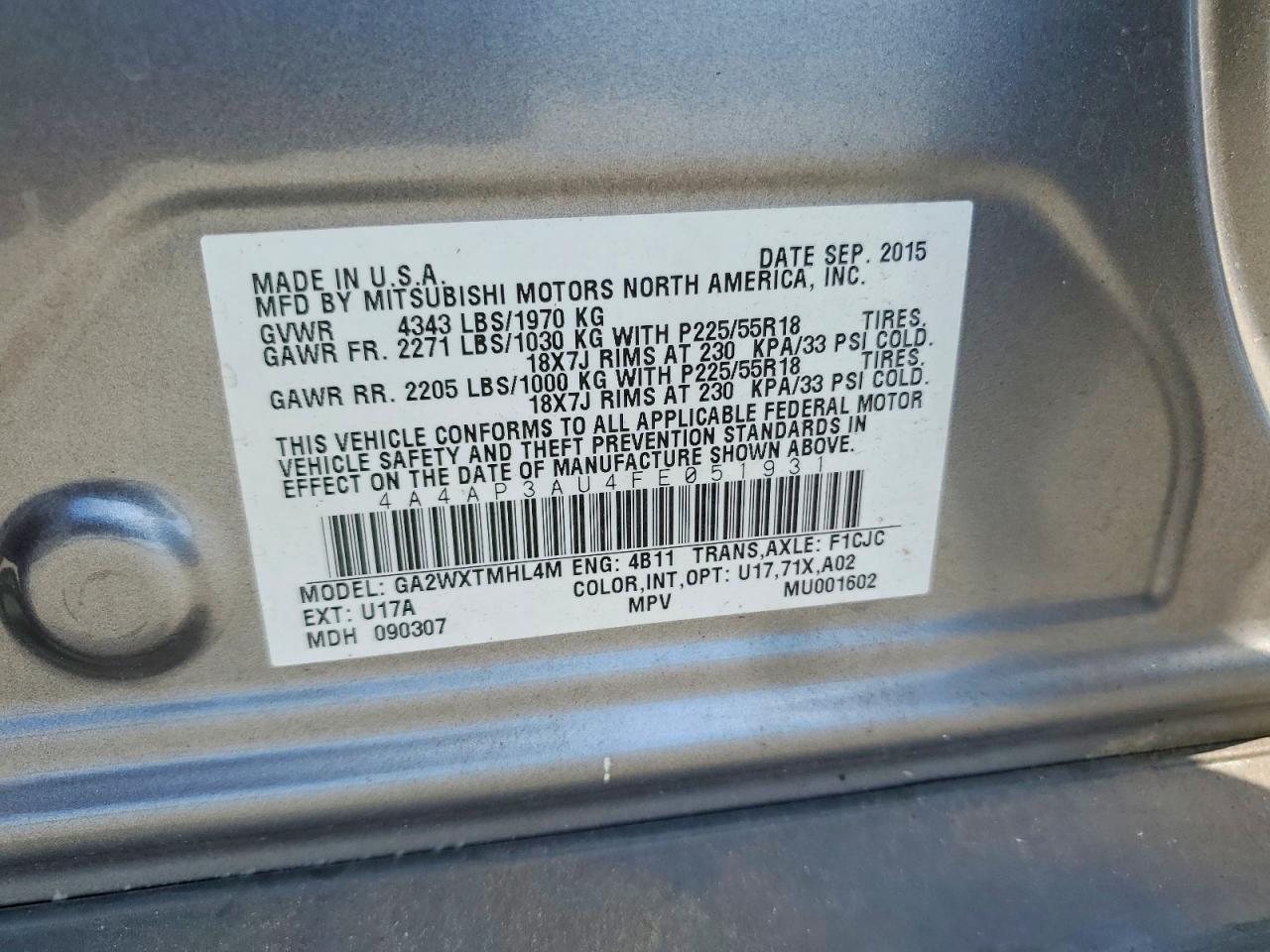 2015 Mitsubishi Outlander Sport Es Gray vin: 4A4AP3AU4FE051931