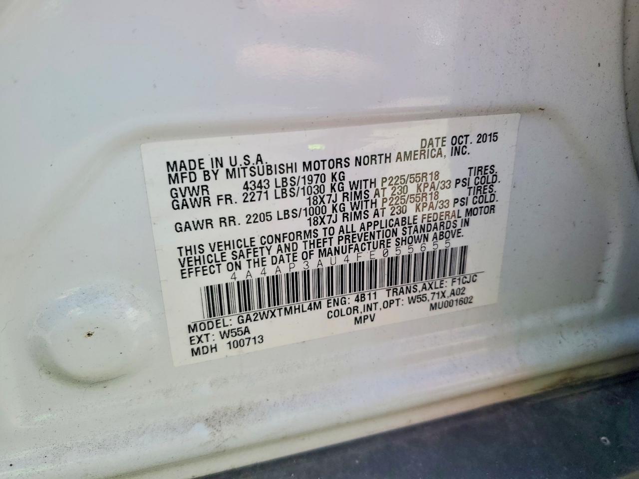 2015 Mitsubishi Outlander Sport Es White vin: 4A4AP3AU4FE055655
