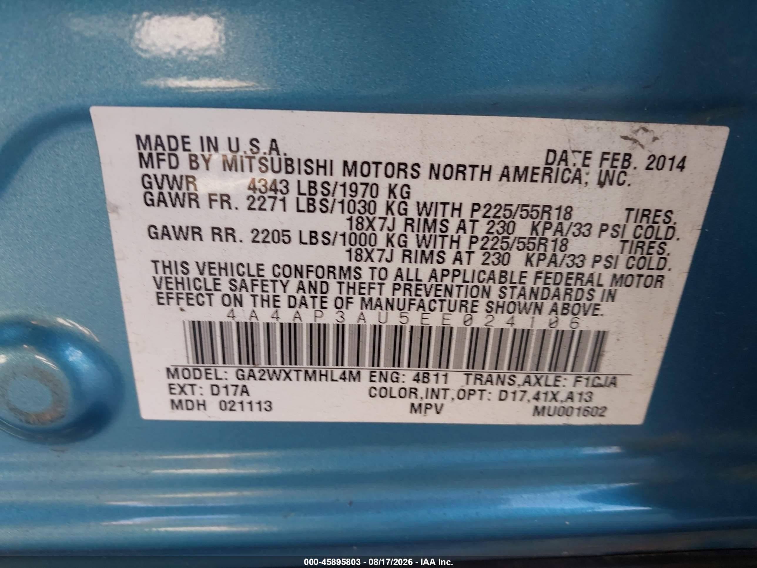 2014 Mitsubishi Outlander Sport Es Blue vin: 4A4AP3AU5EE024106