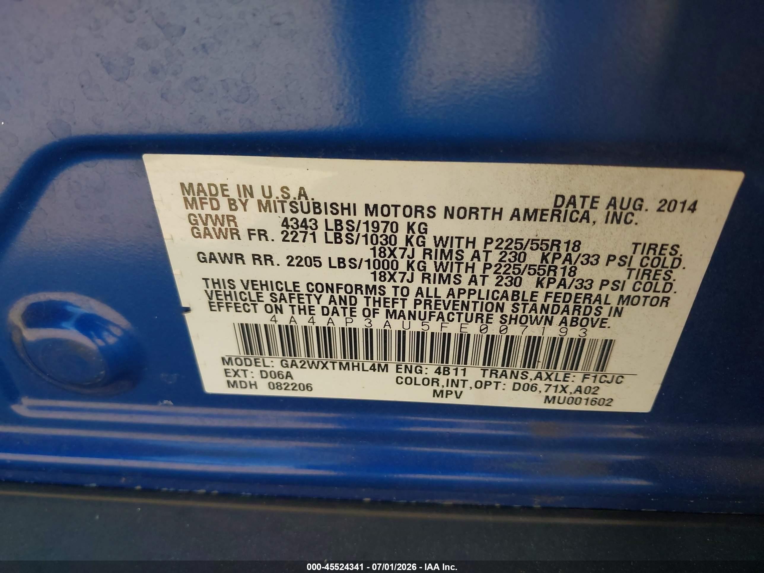2015 Mitsubishi Outlander Sport Es Blue vin: 4A4AP3AU5FE007193