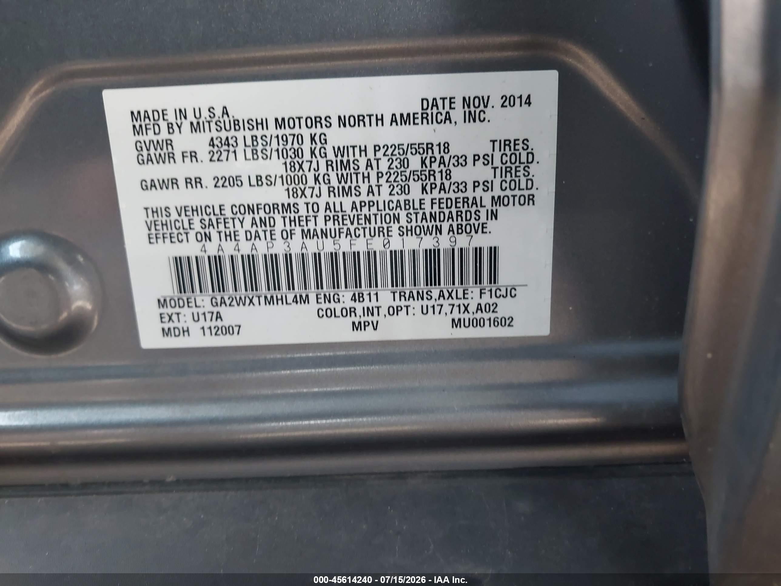 2015 Mitsubishi Outlander Sport Es Gray vin: 4A4AP3AU5FE017397
