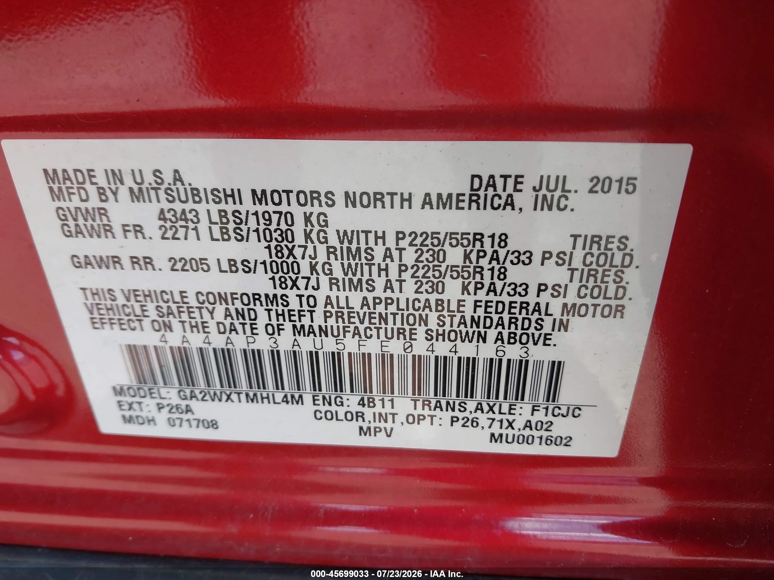 2015 Mitsubishi Outlander Sport Es Red vin: 4A4AP3AU5FE044163