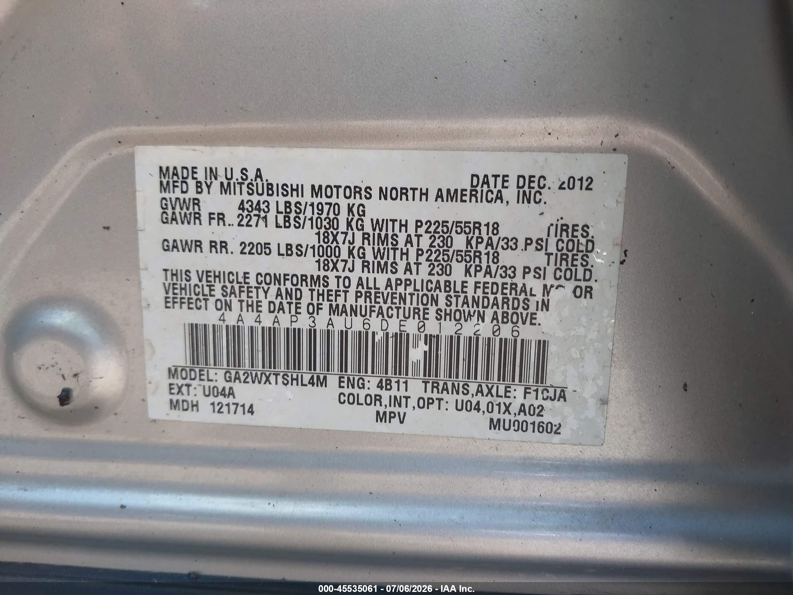 2013 Mitsubishi Outlander Sport Es Серебряный vin: 4A4AP3AU6DE012206