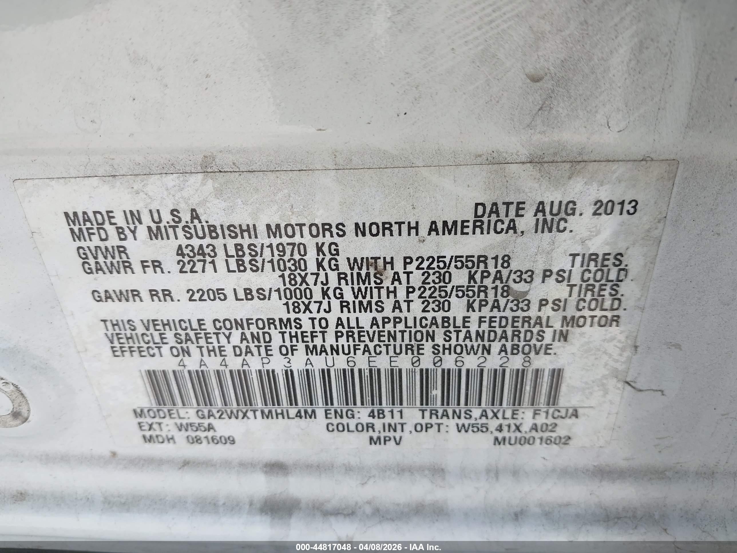 2014 Mitsubishi Outlander Sport Es White vin: 4A4AP3AU6EE006228
