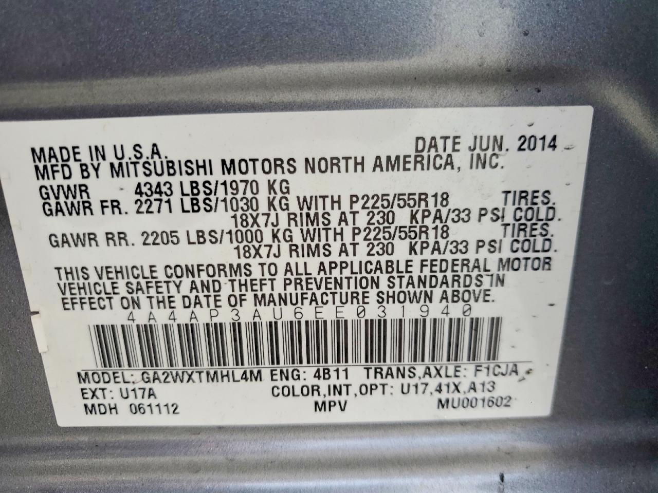 2014 Mitsubishi Outlander Sport Es Серый vin: 4A4AP3AU6EE031940