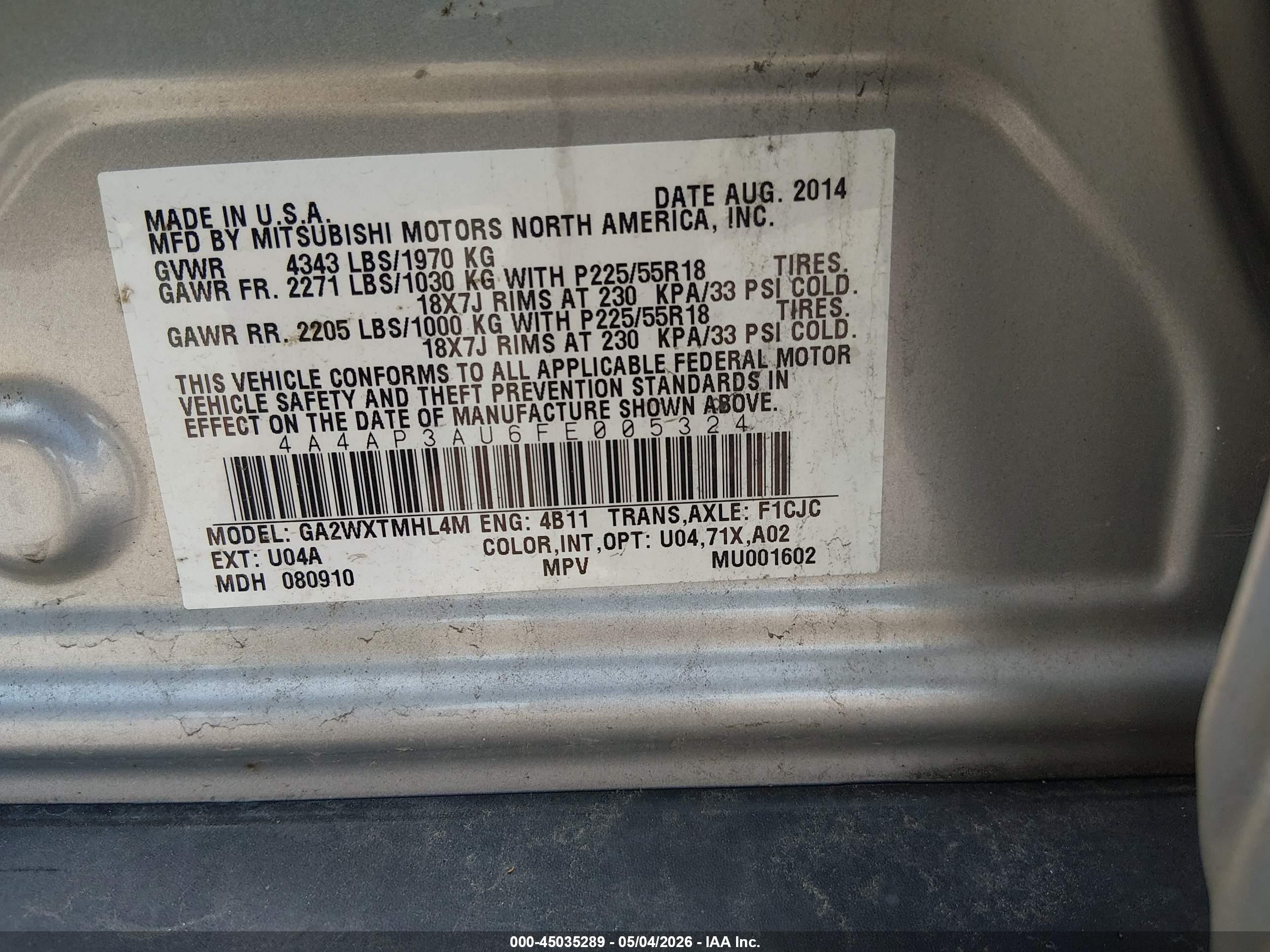 2015 Mitsubishi Outlander Sport Es Серый vin: 4A4AP3AU6FE005324