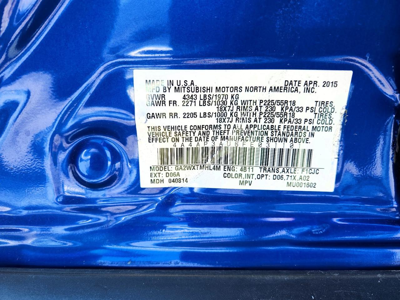 2015 Mitsubishi Outlander Sport Es Blue vin: 4A4AP3AU6FE031101