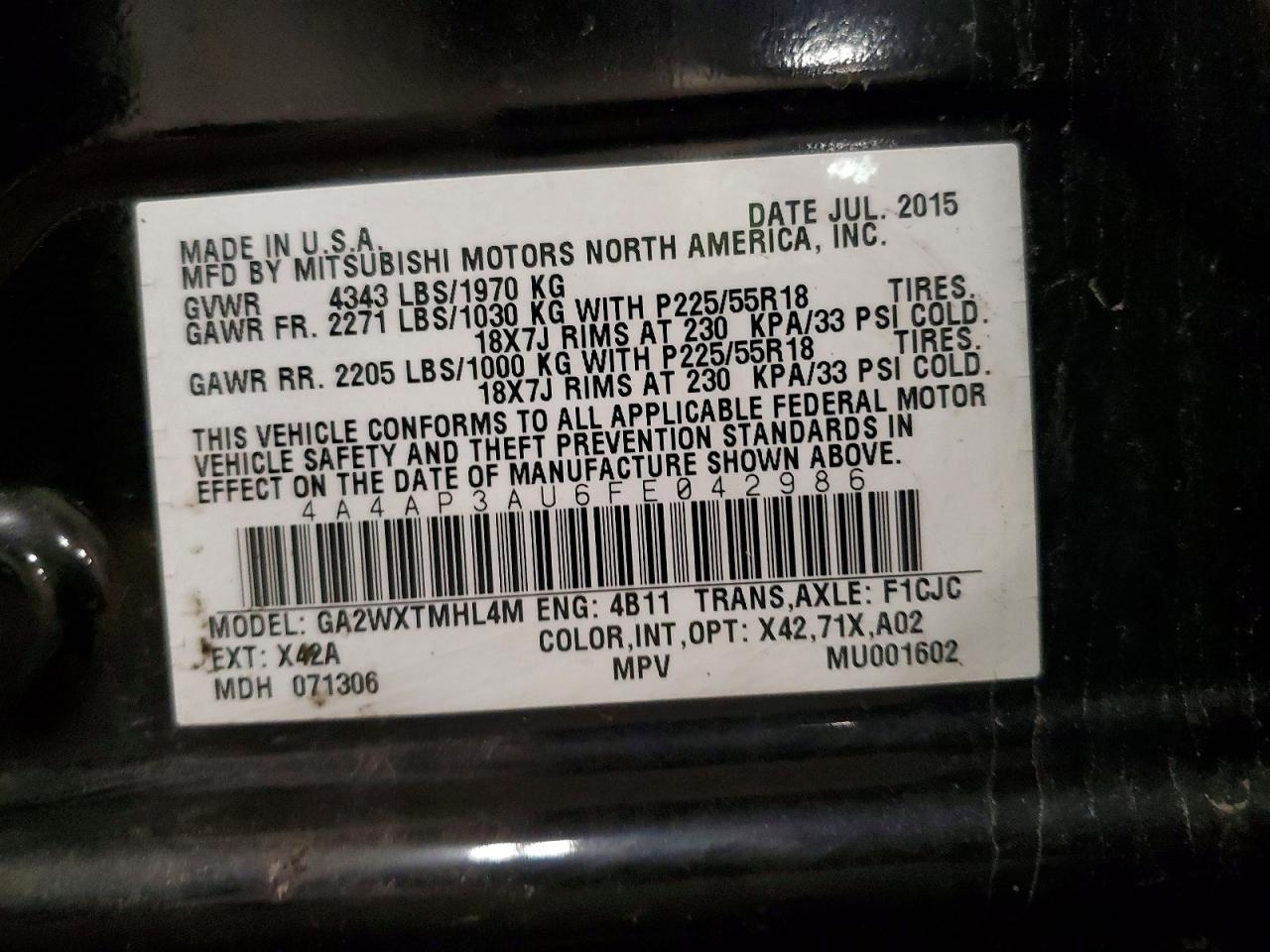 2015 Mitsubishi Outlander Sport Es Черный vin: 4A4AP3AU6FE042986