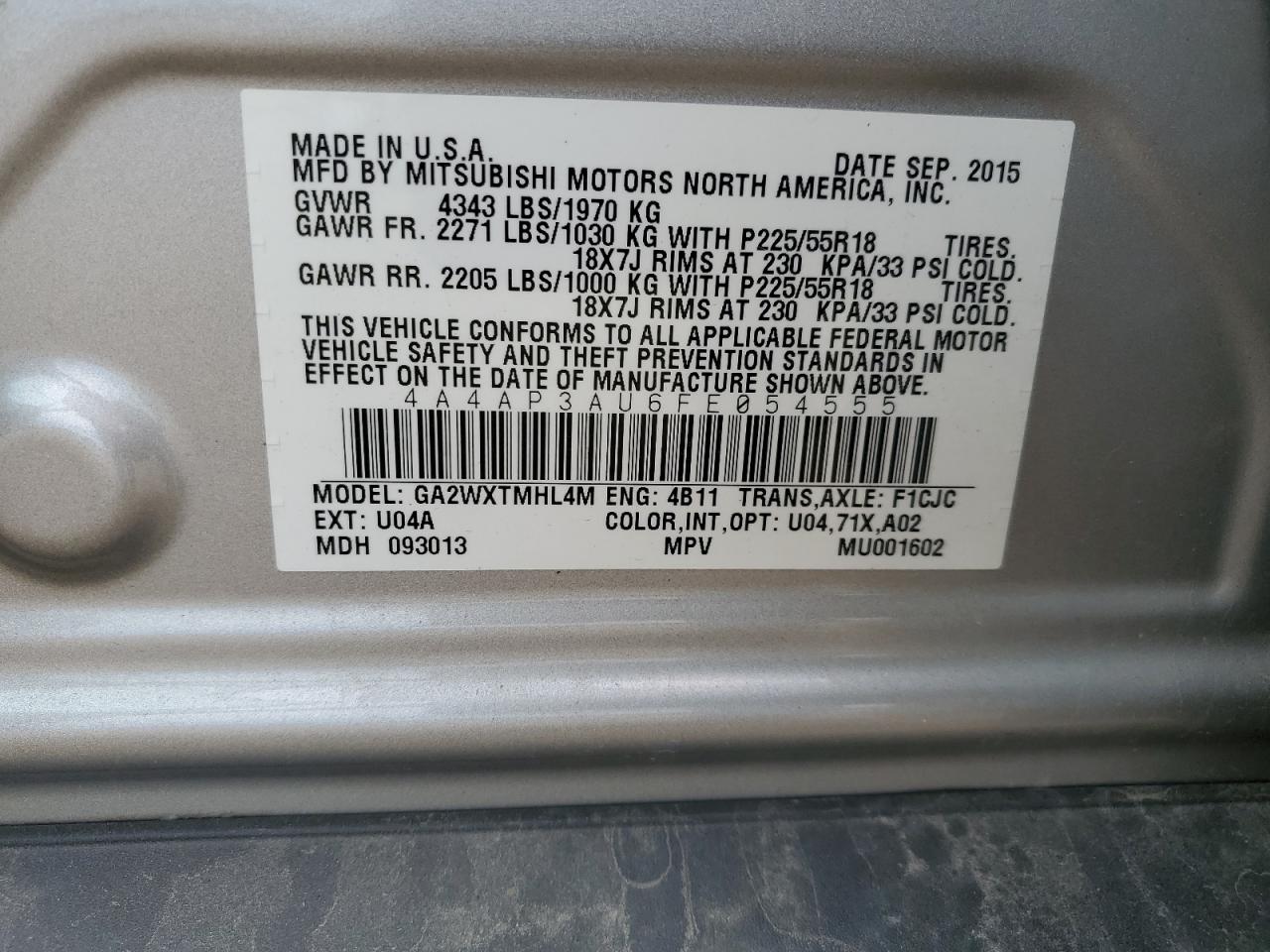 2015 Mitsubishi Outlander Sport Es Silver vin: 4A4AP3AU6FE054555