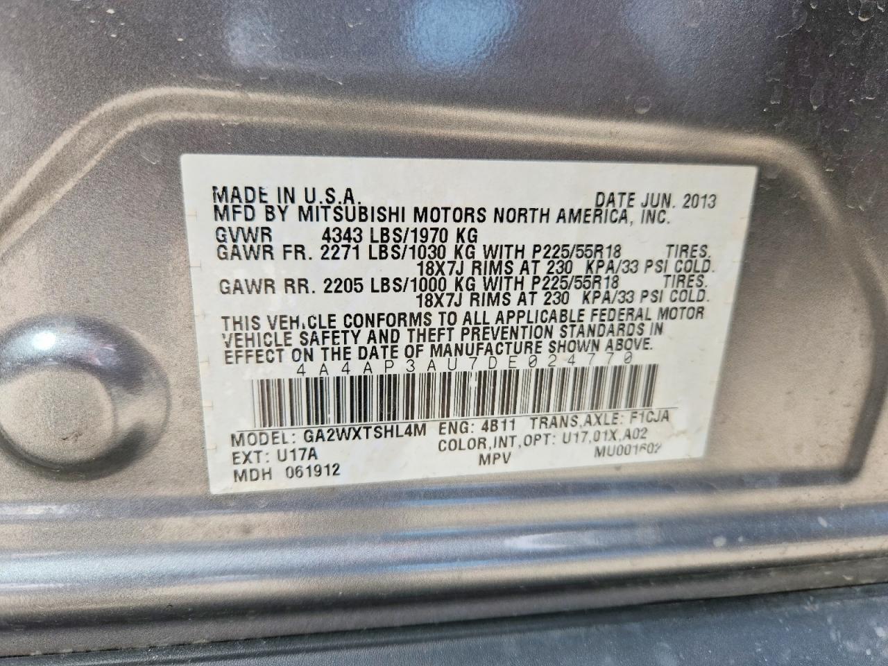 2013 Mitsubishi Outlander Sport Es Gray vin: 4A4AP3AU7DE024770