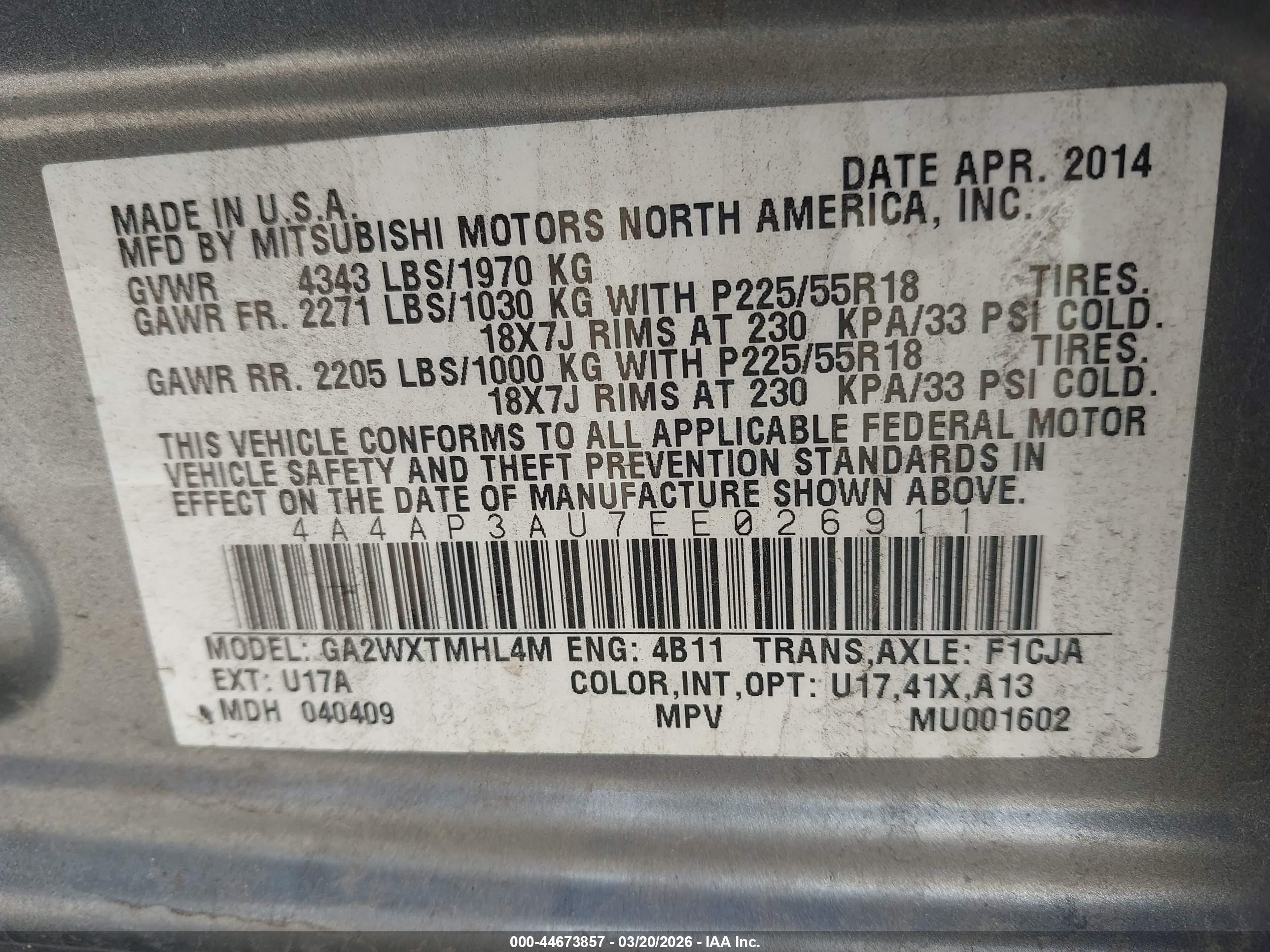 2014 Mitsubishi Outlander Sport Es Silver vin: 4A4AP3AU7EE026911