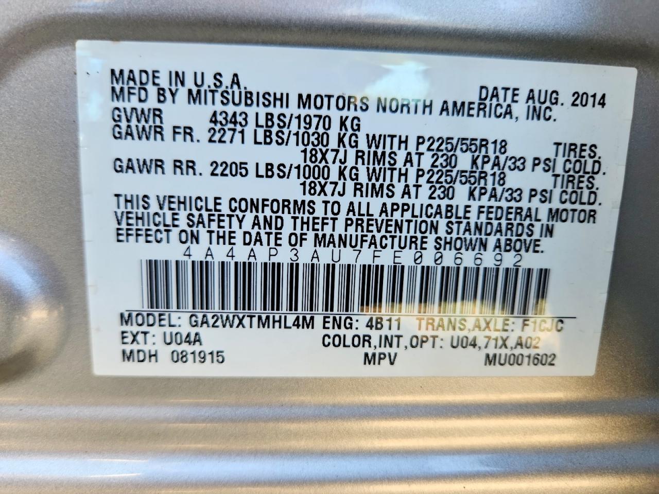 2015 Mitsubishi Outlander Sport Es Silver vin: 4A4AP3AU7FE006692
