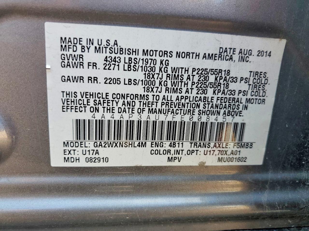 2015 Mitsubishi Outlander Sport Es Gray vin: 4A4AP3AU7FE008457