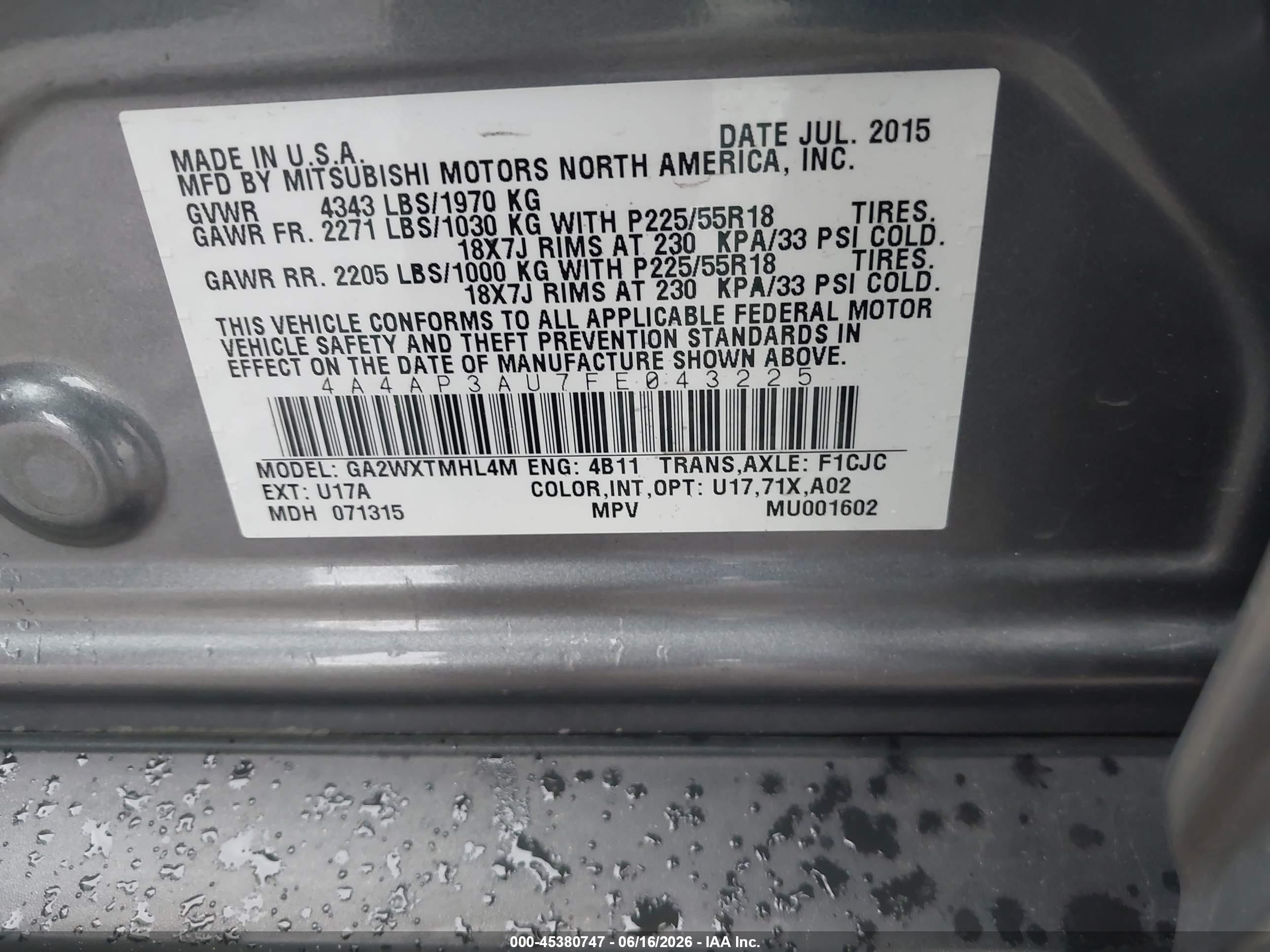 2015 Mitsubishi Outlander Sport Es Gray vin: 4A4AP3AU7FE043225