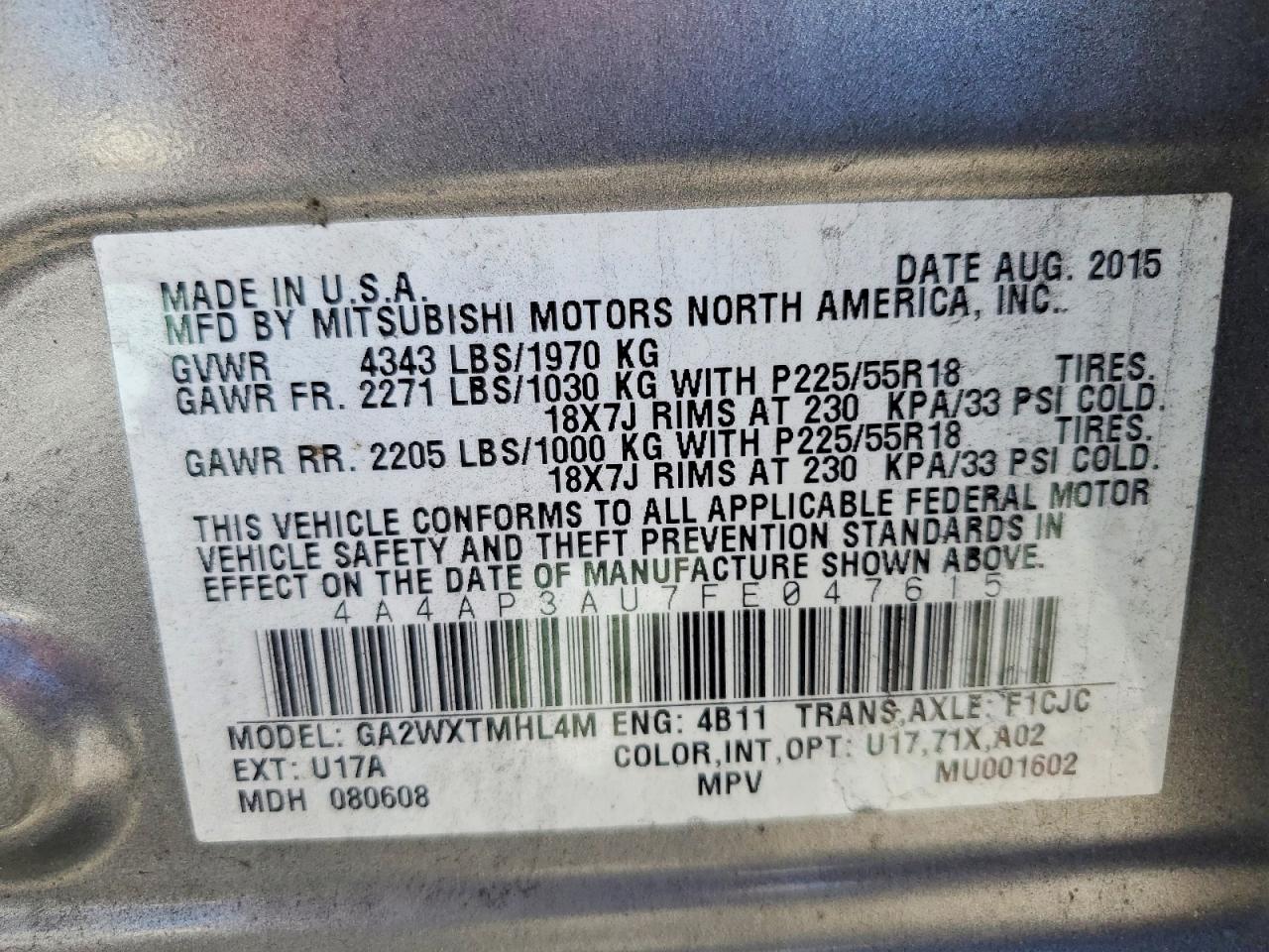 2015 Mitsubishi Outlander Sport Es Gray vin: 4A4AP3AU7FE047615