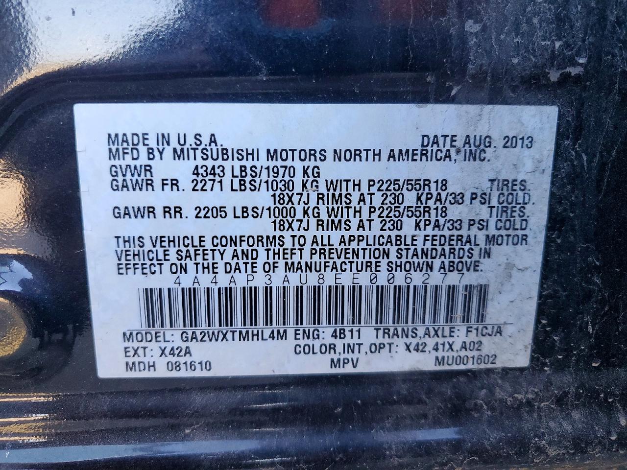 2014 Mitsubishi Outlander Sport Es Black vin: 4A4AP3AU8EE006277