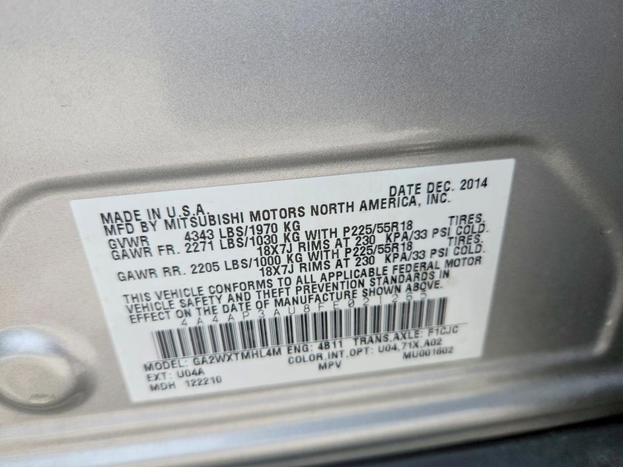 2015 Mitsubishi Outlander Sport Es Silver vin: 4A4AP3AU8FE021265