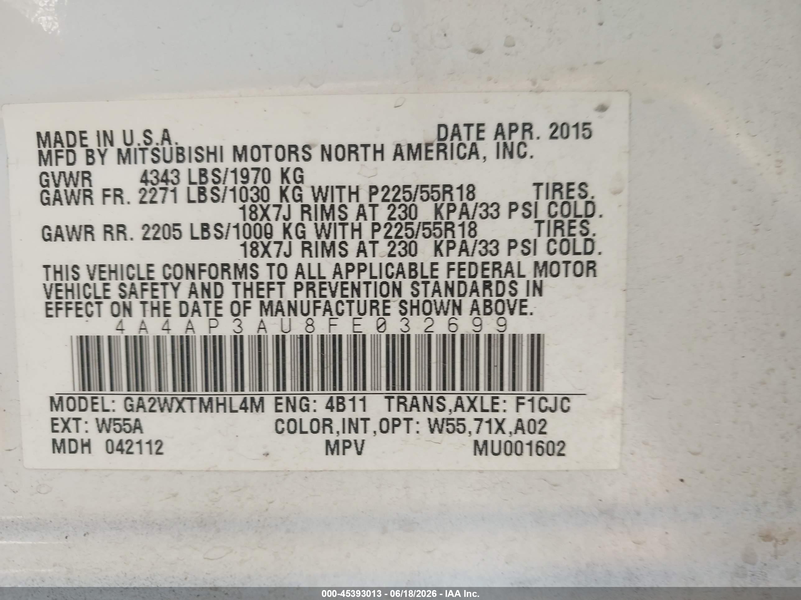 2015 Mitsubishi Outlander Sport Es White vin: 4A4AP3AU8FE032699