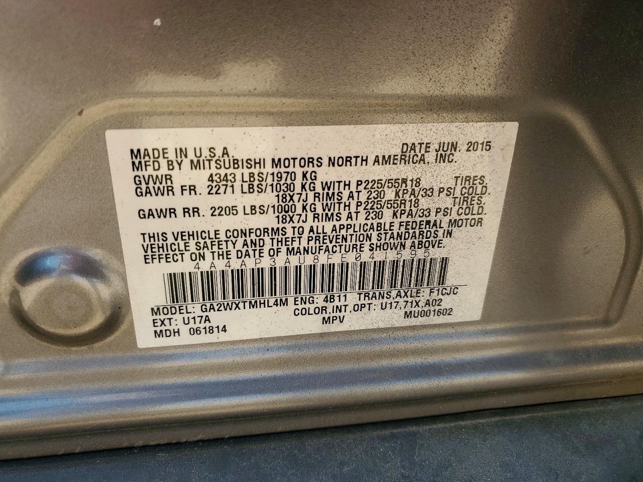 2015 Mitsubishi Outlander Gray vin: 4A4AP3AU8FE041595