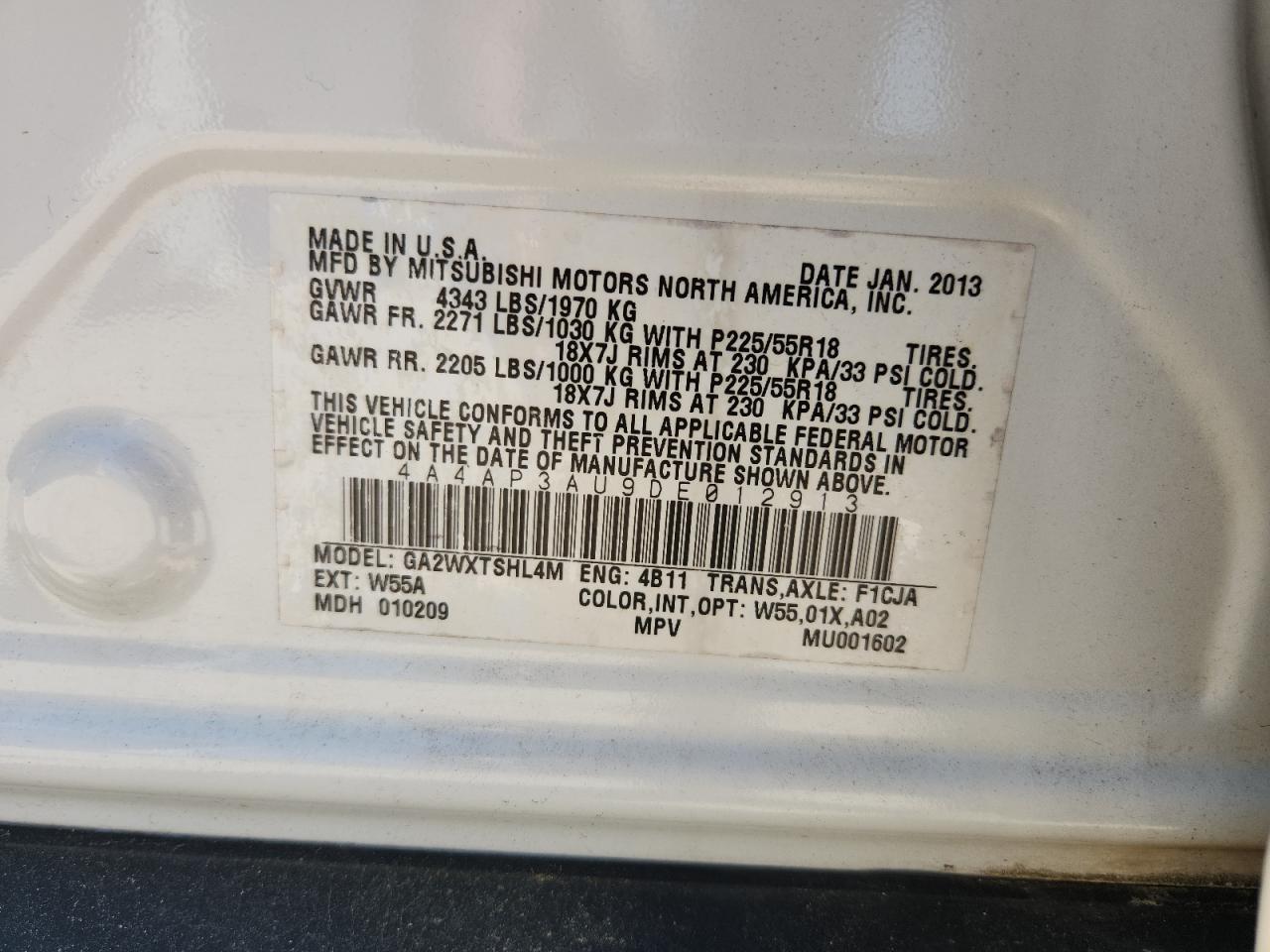 2013 Mitsubishi Outlander Sport Es White vin: 4A4AP3AU9DE012913