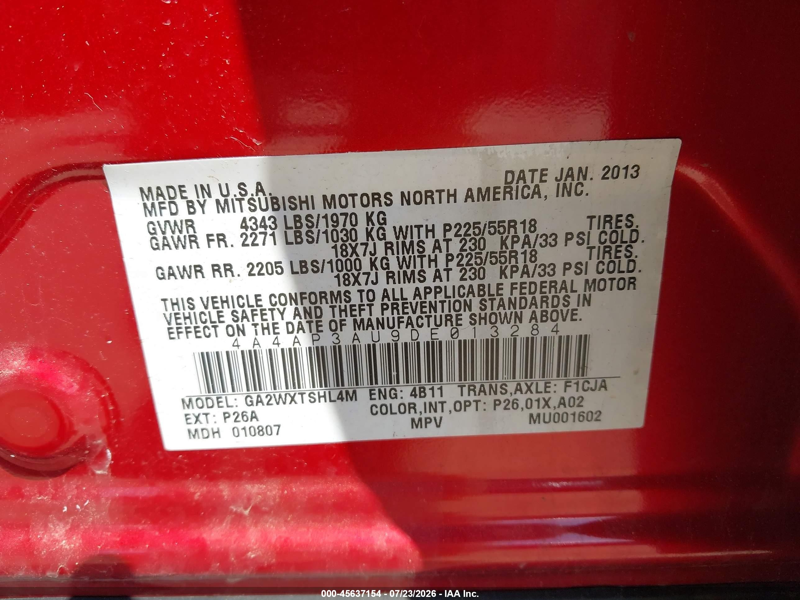 2013 Mitsubishi Outlander Sport Es Red vin: 4A4AP3AU9DE013284