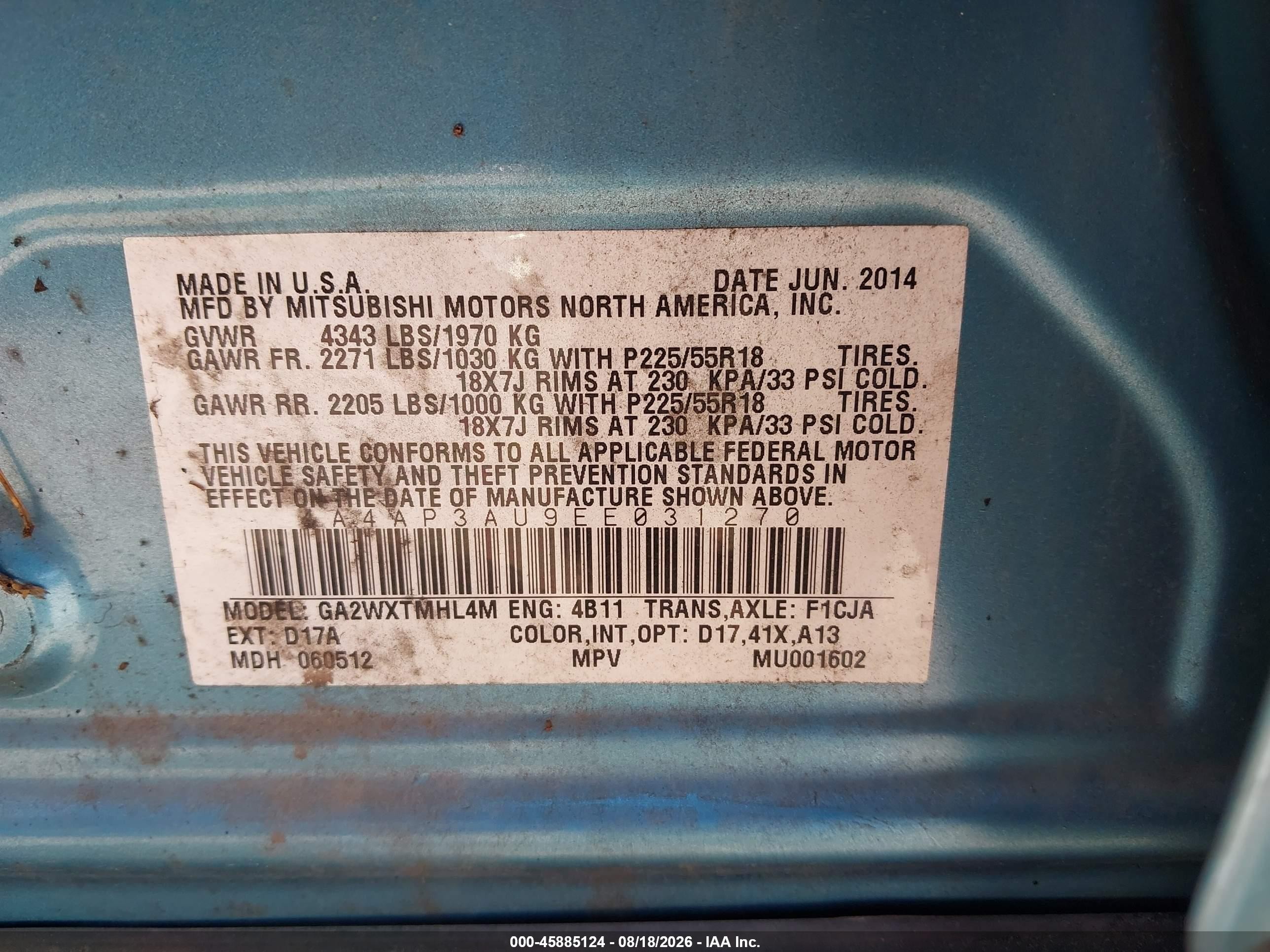 2014 Mitsubishi Outlander Sport Es Blue vin: 4A4AP3AU9EE031270