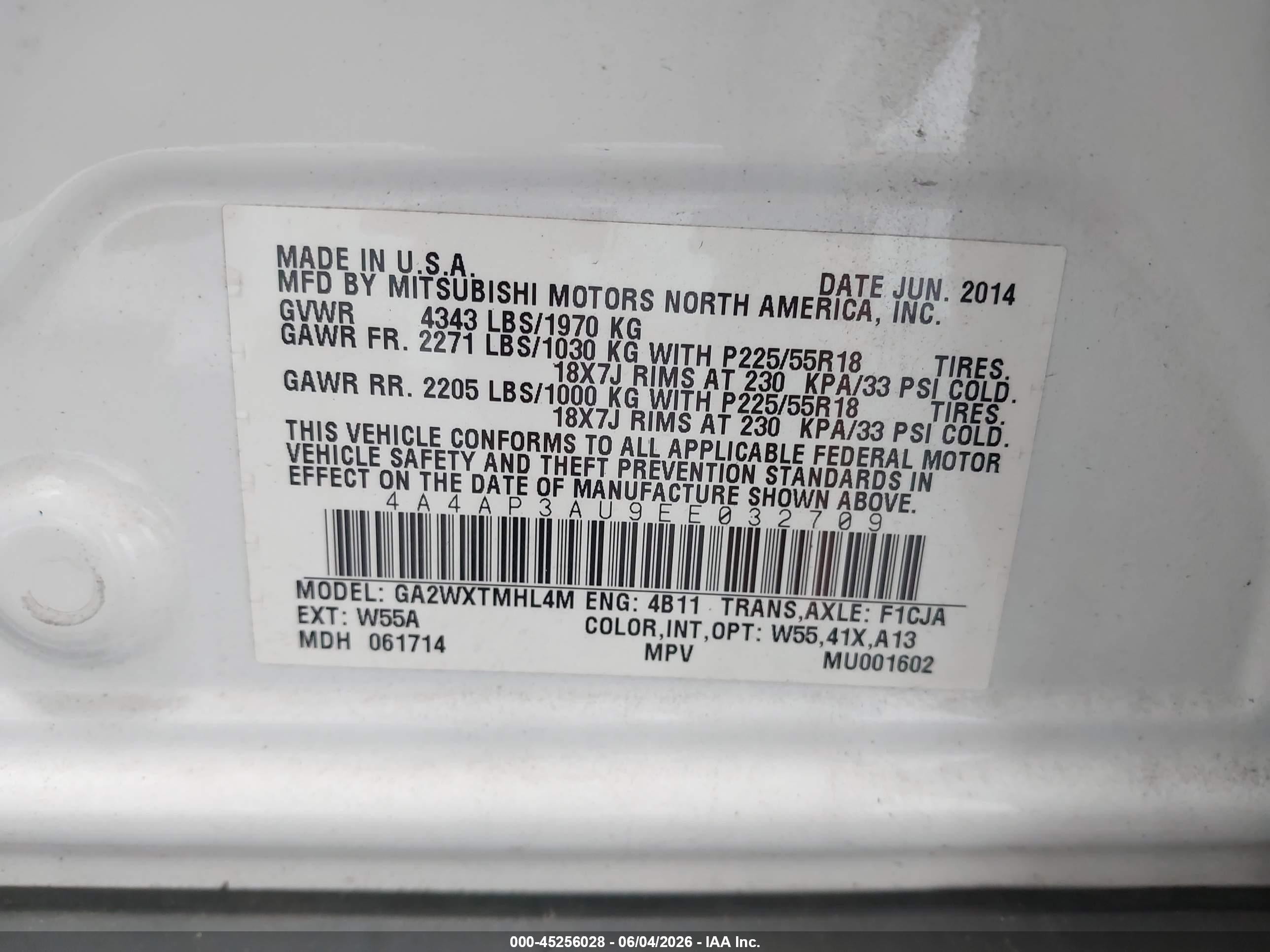 2014 Mitsubishi Outlander Sport Es White vin: 4A4AP3AU9EE032709