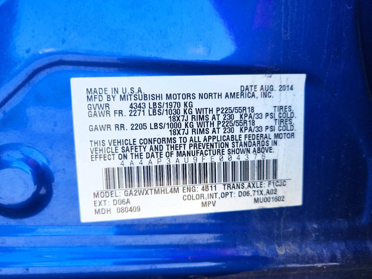2015 Mitsubishi Outlander Sport Es Blue vin: 4A4AP3AU9FE004376