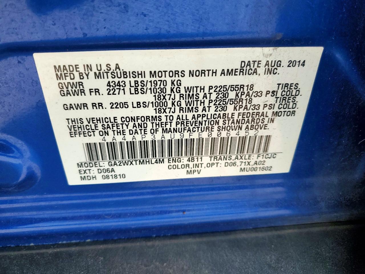 2015 Mitsubishi Outlander Sport Es Blue vin: 4A4AP3AU9FE006452