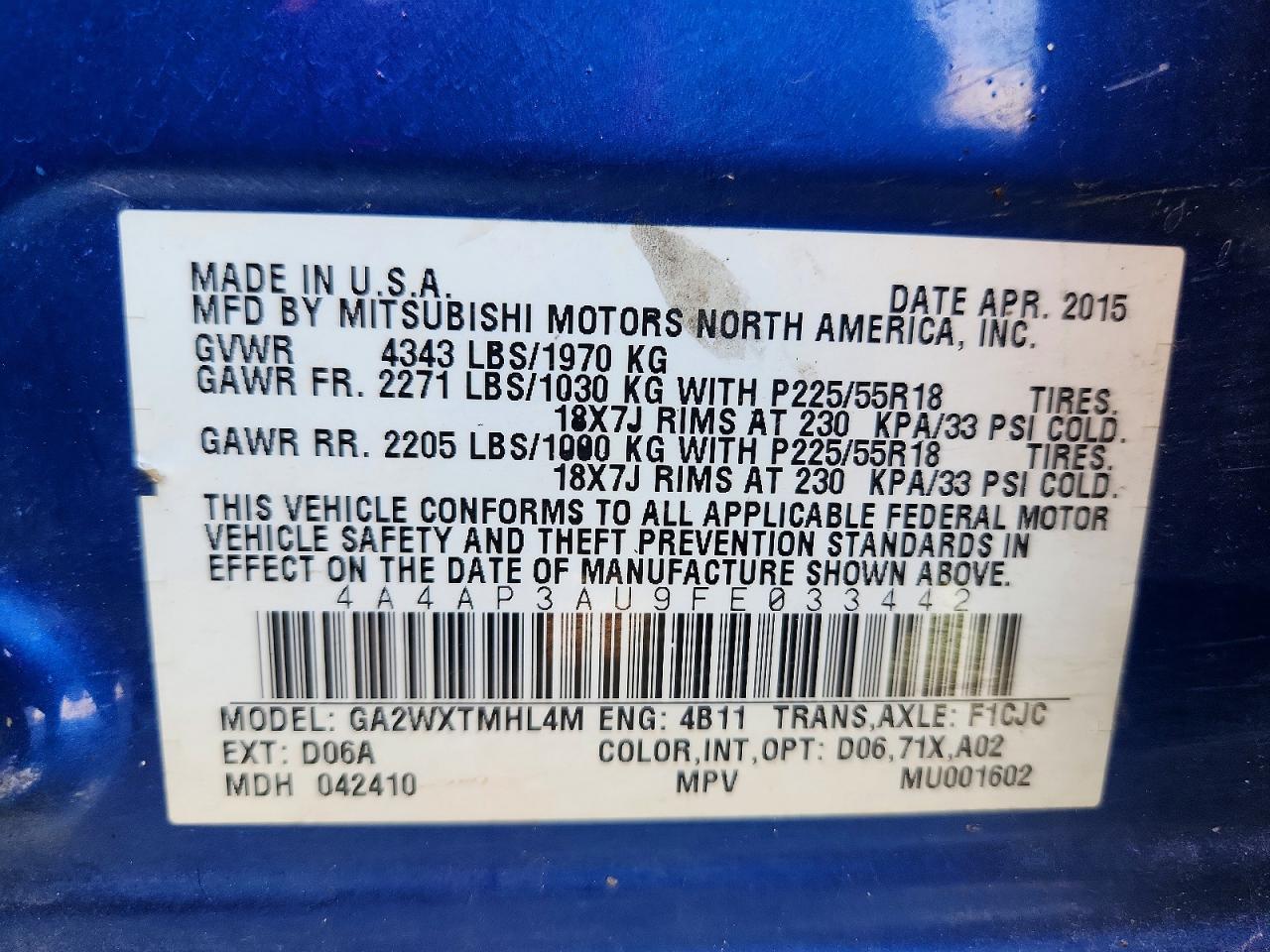 2015 Mitsubishi Outlander Sport Es Blue vin: 4A4AP3AU9FE033442