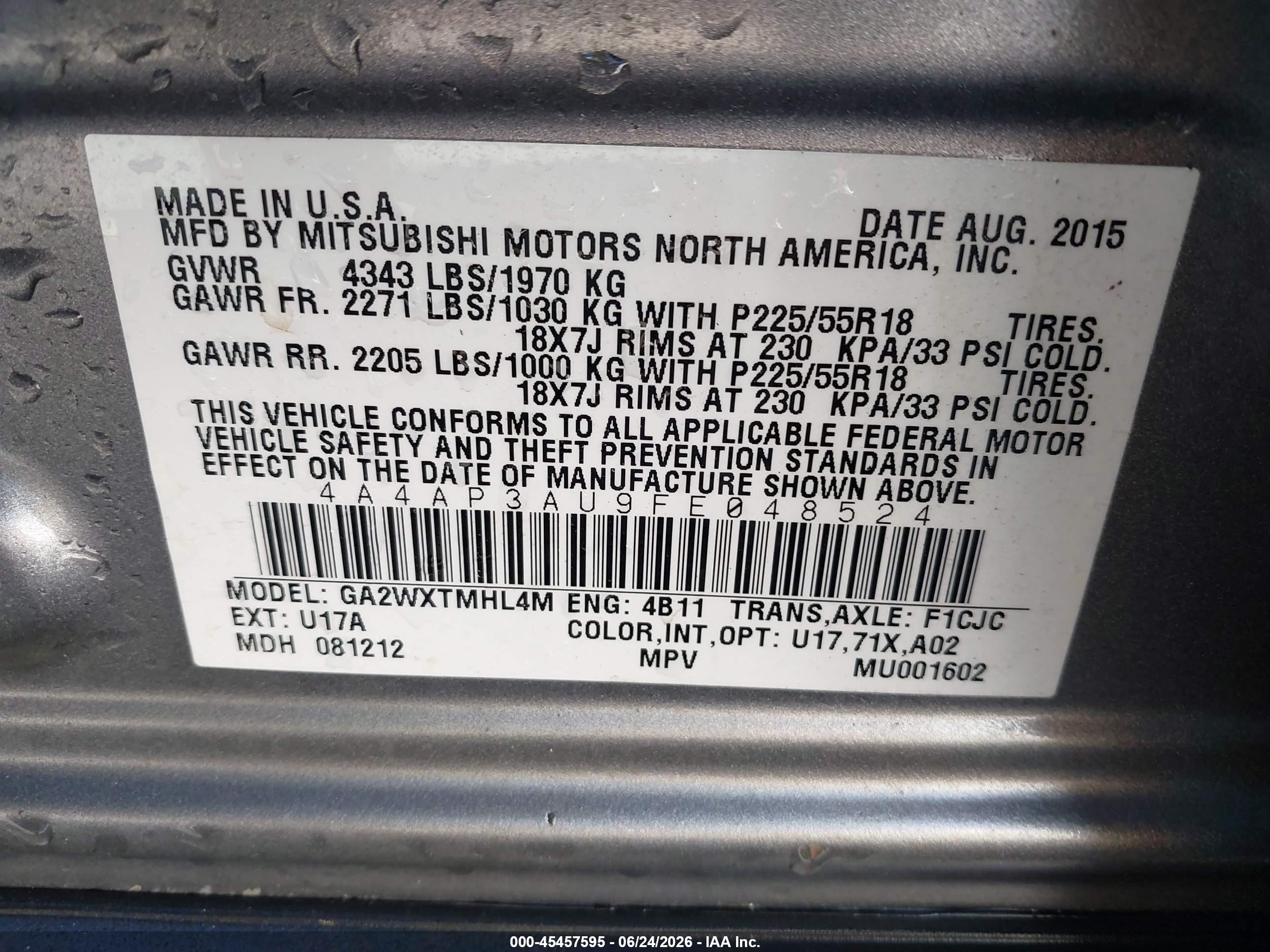 2015 Mitsubishi Outlander Sport Es Silver vin: 4A4AP3AU9FE048524
