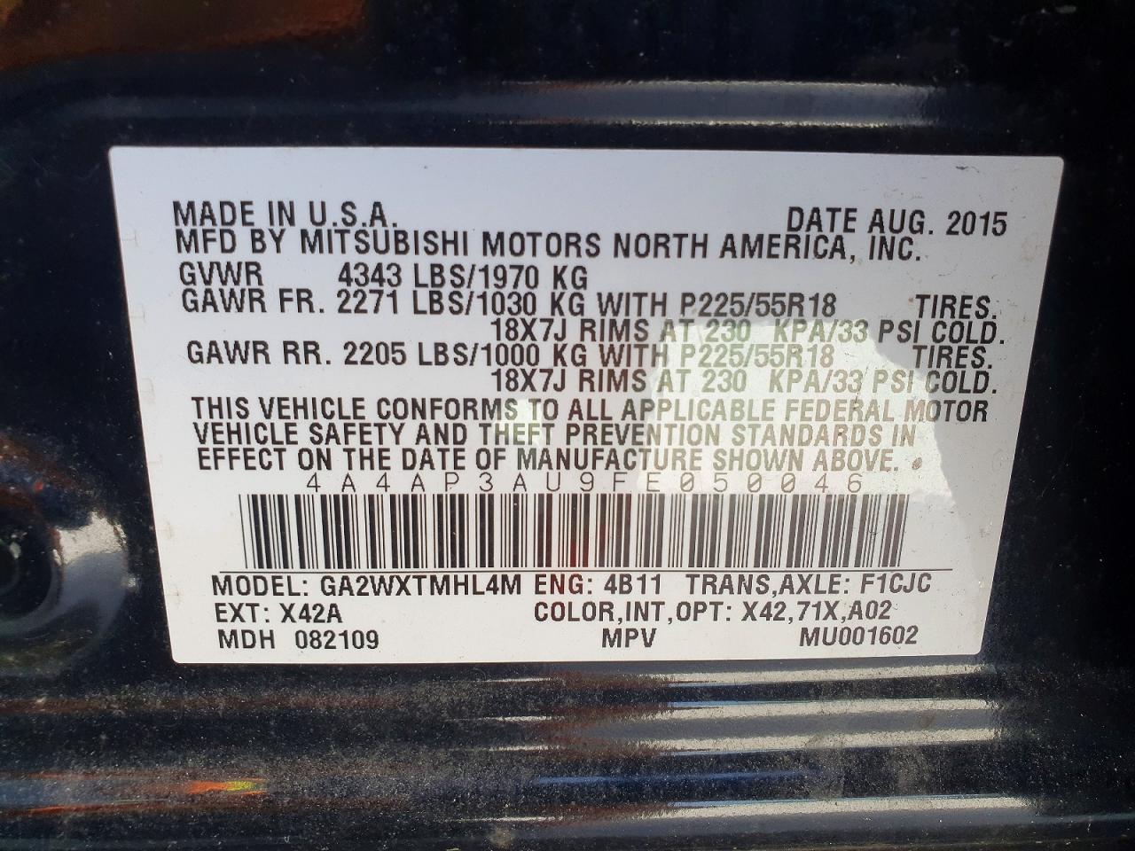 2015 Mitsubishi Outlander Sport Es Black vin: 4A4AP3AU9FE050046