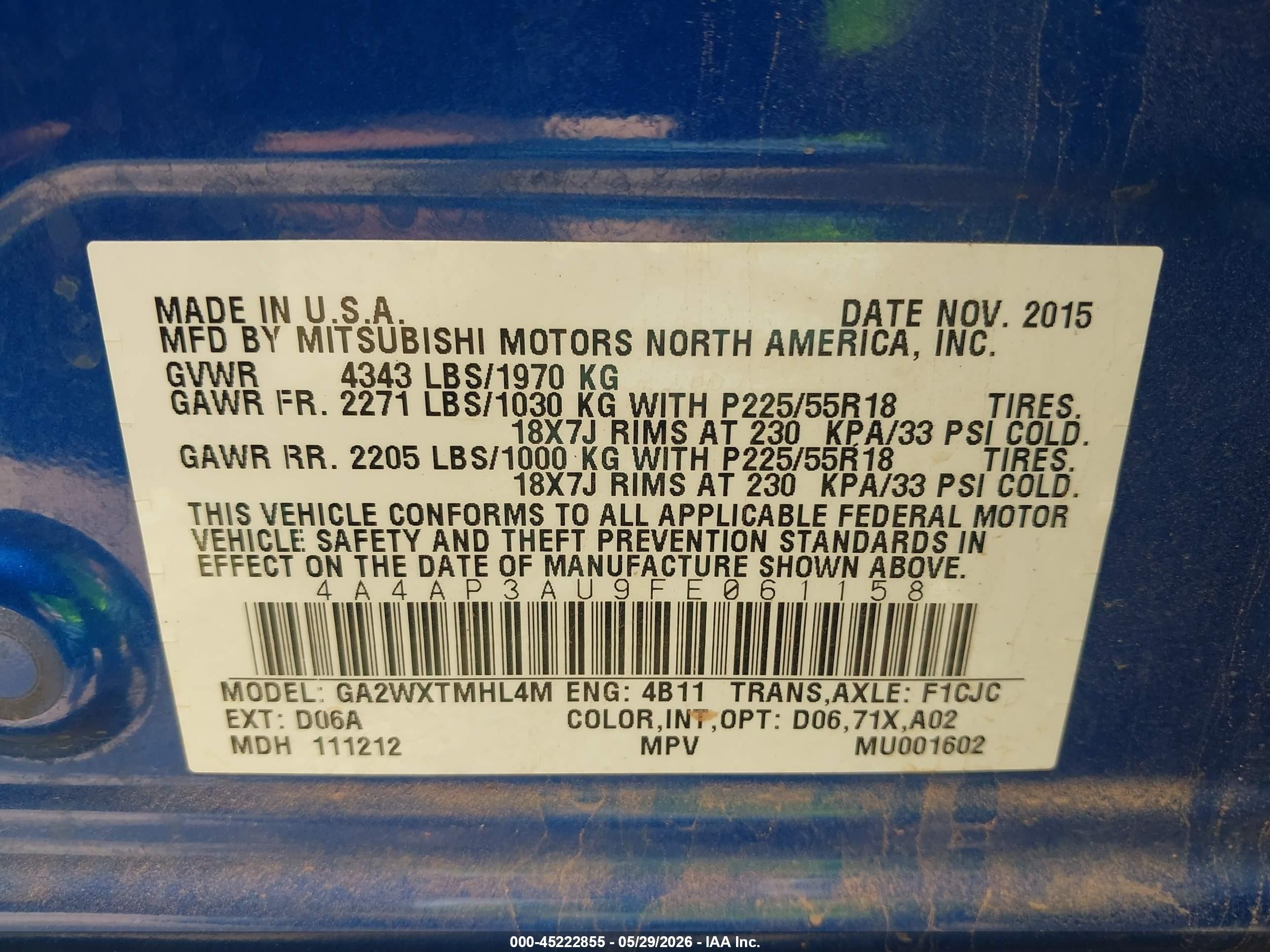 2015 Mitsubishi Outlander Sport Es Blue vin: 4A4AP3AU9FE061158