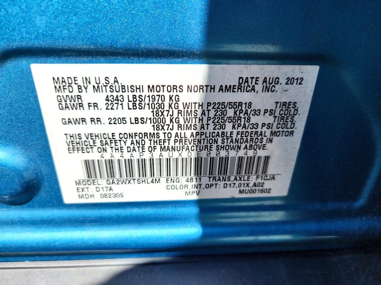 2013 Mitsubishi Outlander Sport Es Blue vin: 4A4AP3AUXDE003749