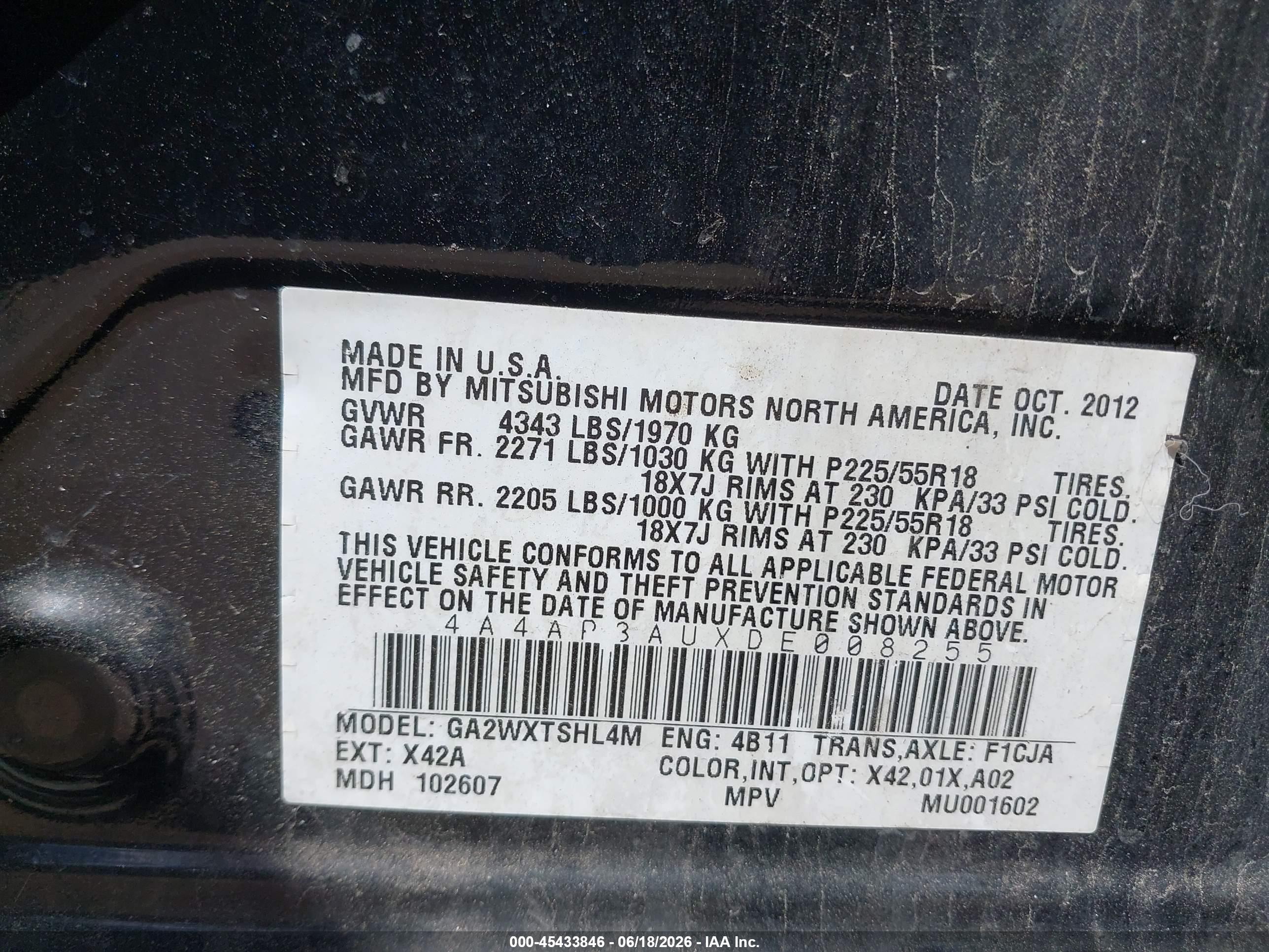 2013 Mitsubishi Outlander Sport Es Black vin: 4A4AP3AUXDE008255