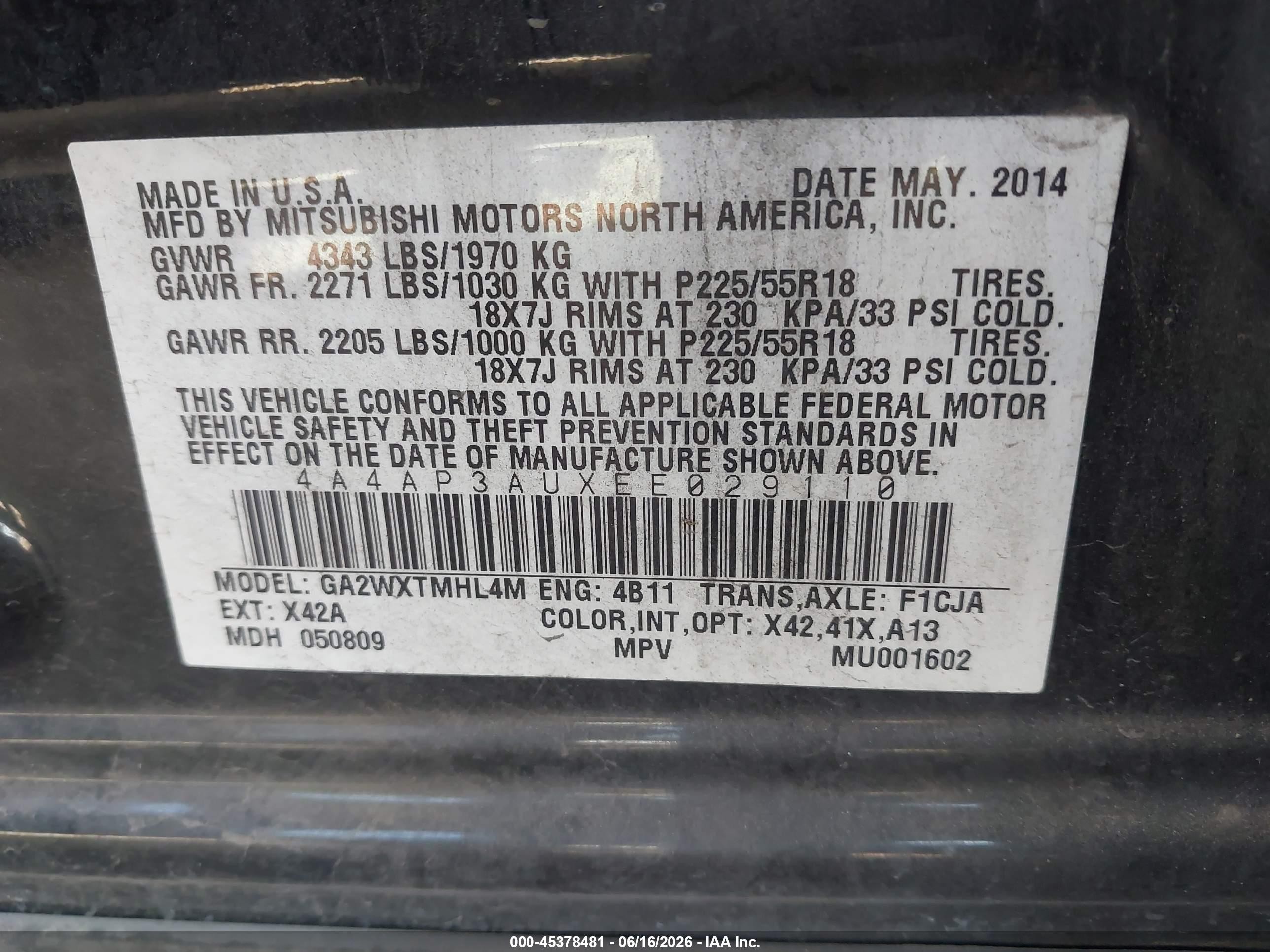 2014 Mitsubishi Outlander Sport Es Black vin: 4A4AP3AUXEE029110