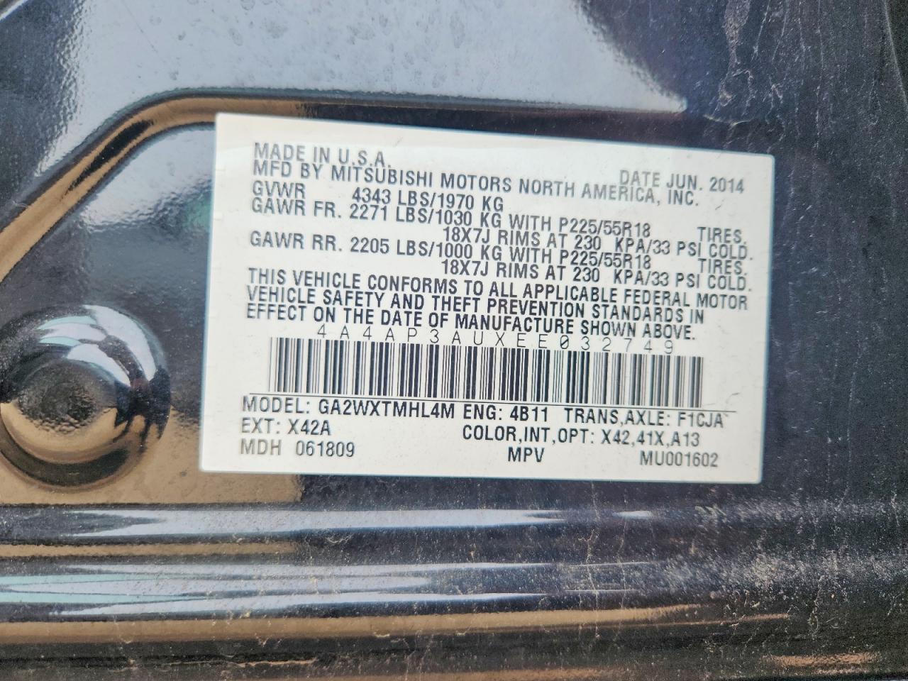 2014 Mitsubishi Outlander Sport Es Black vin: 4A4AP3AUXEE032749