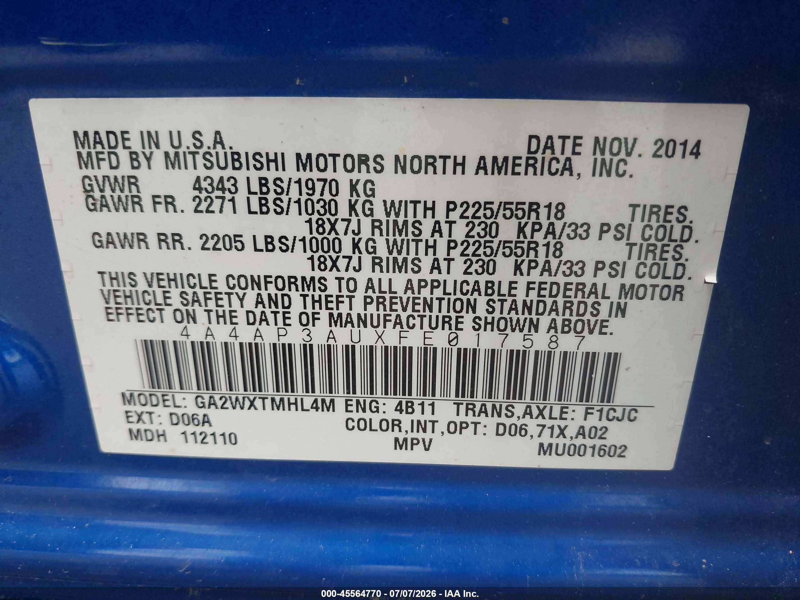 2015 Mitsubishi Outlander Sport Es Blue vin: 4A4AP3AUXFE017587