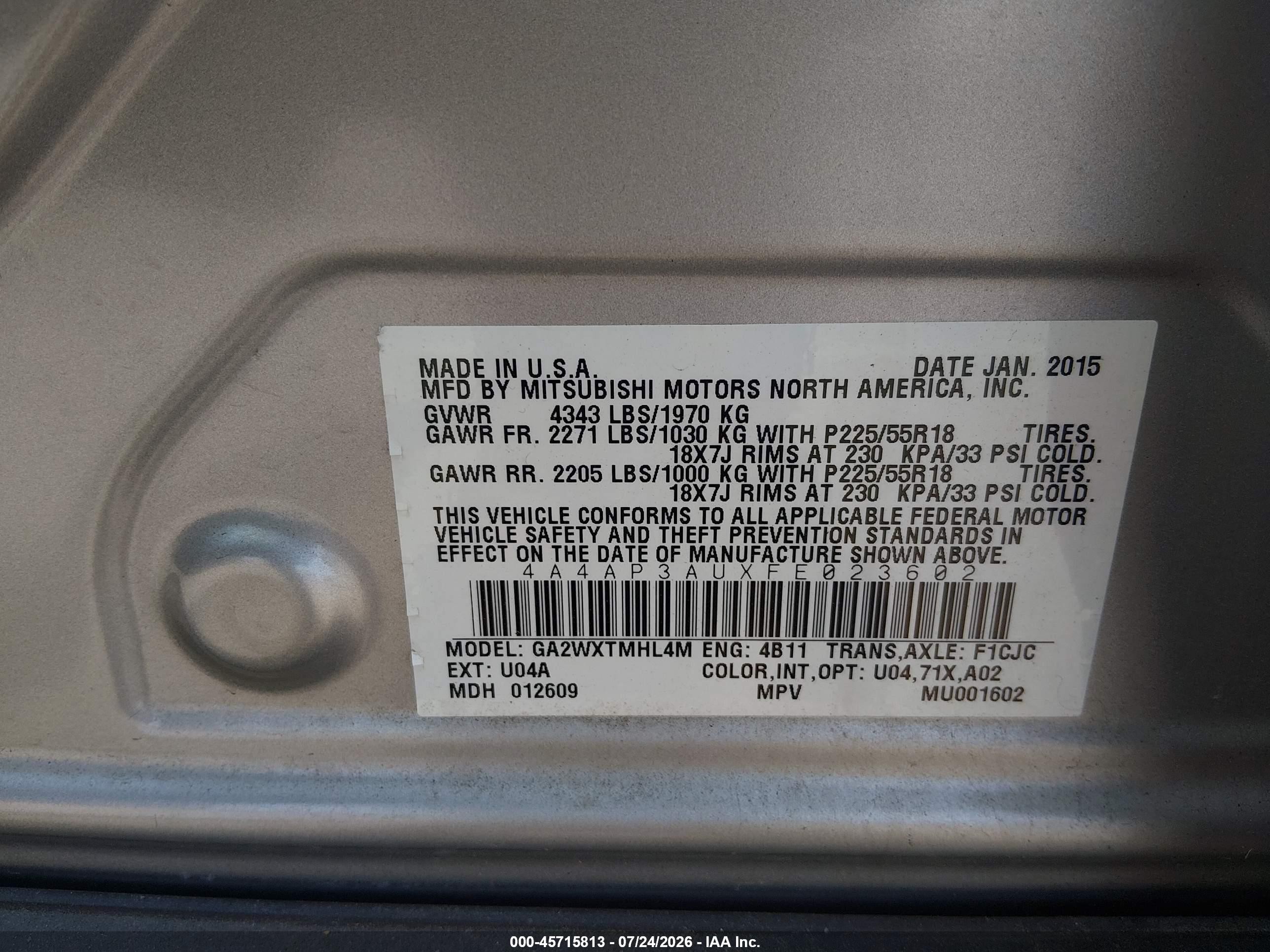 2015 Mitsubishi Outlander Sport Es Silver vin: 4A4AP3AUXFE023602
